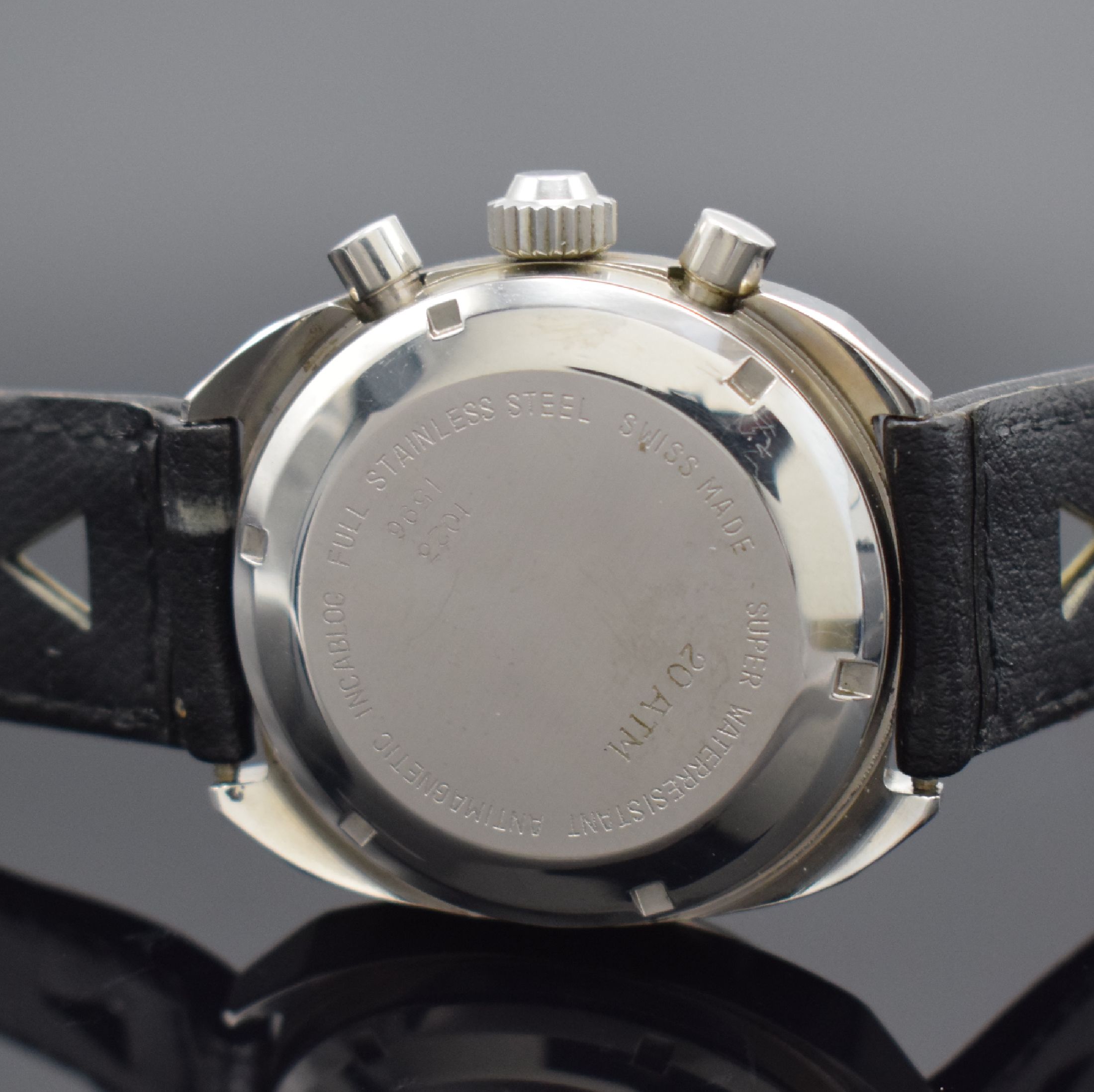 Detail c: DUGENA nahezu neuwertige Herrenarmbanduhr mit Chronograph, Schweiz um 1968, Handaufzug, Stahlgeh., Boden verschr., orig. Lederband, schwarzes ...