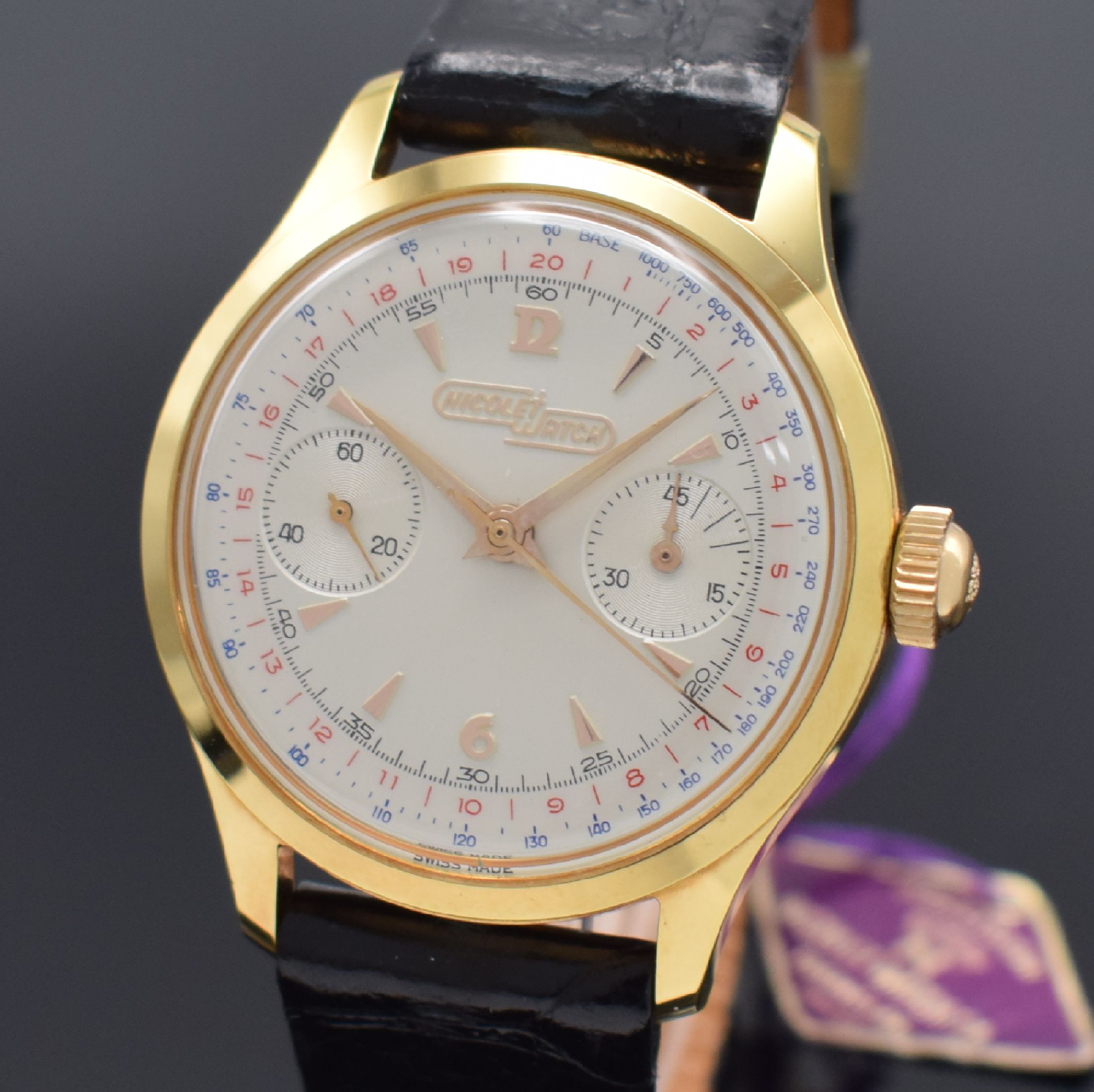 Detail a: NICOLET WATCH nahezu neuwertiger & seltener Chronograph mit Bedienung über Krone, Schweiz um 1955, Handaufzug, verg. Gehäuse, Stahlboden aufgedr., ...