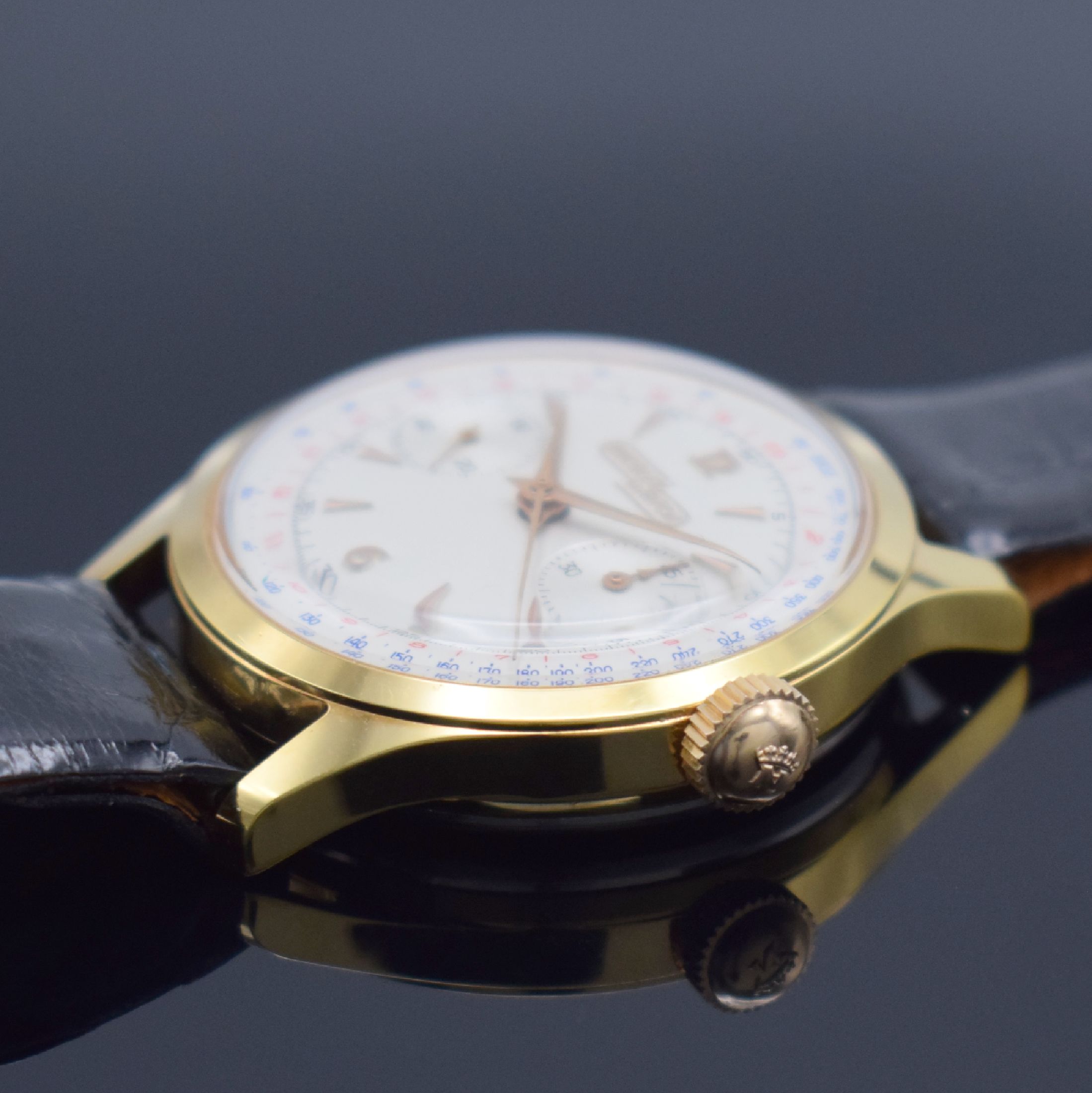 Detail b: NICOLET WATCH nahezu neuwertiger & seltener Chronograph mit Bedienung über Krone, Schweiz um 1955, Handaufzug, verg. Gehäuse, Stahlboden aufgedr., ...
