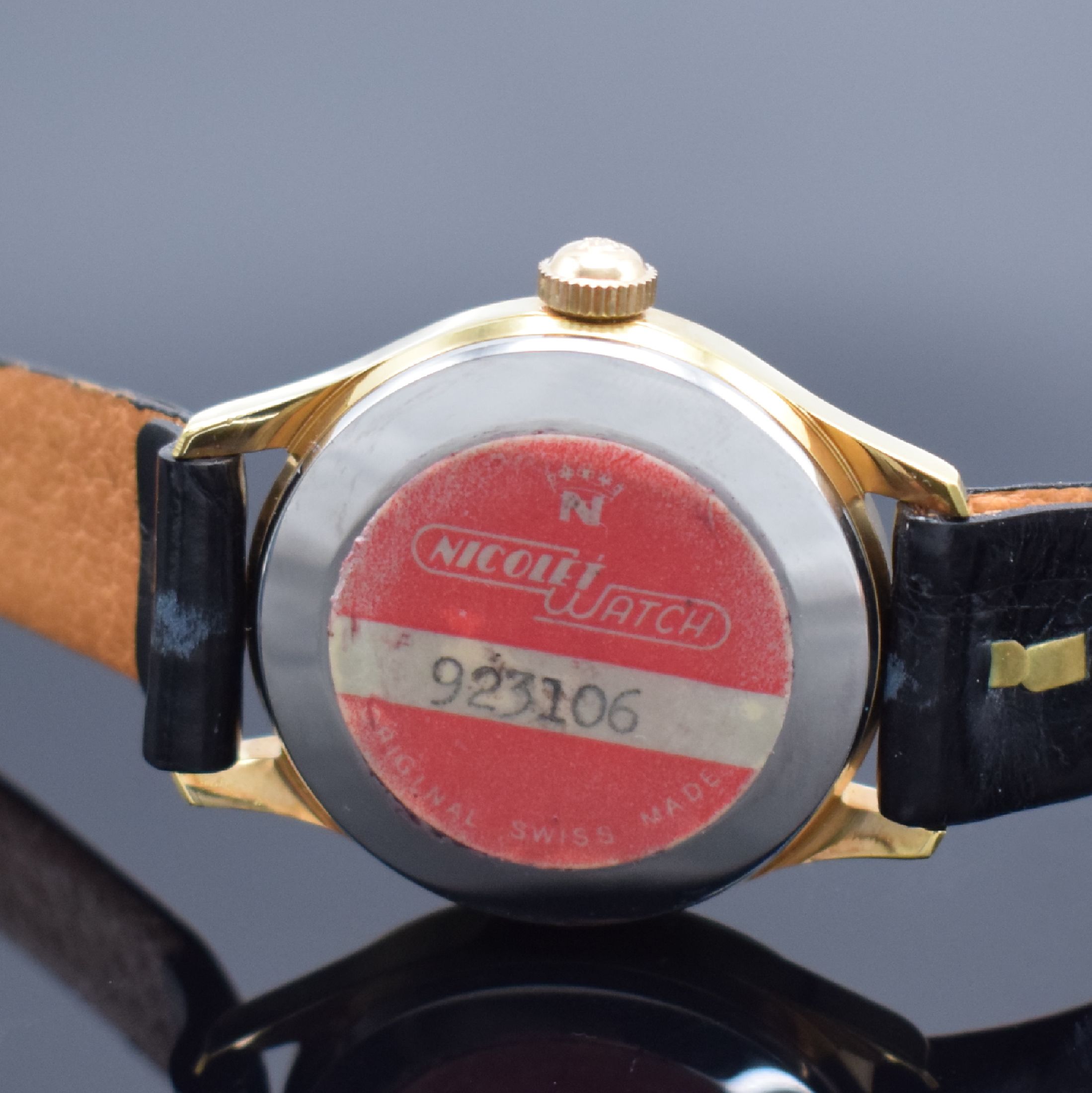 Detail c: NICOLET WATCH nahezu neuwertiger & seltener Chronograph mit Bedienung über Krone, Schweiz um 1955, Handaufzug, verg. Gehäuse, Stahlboden aufgedr., ...