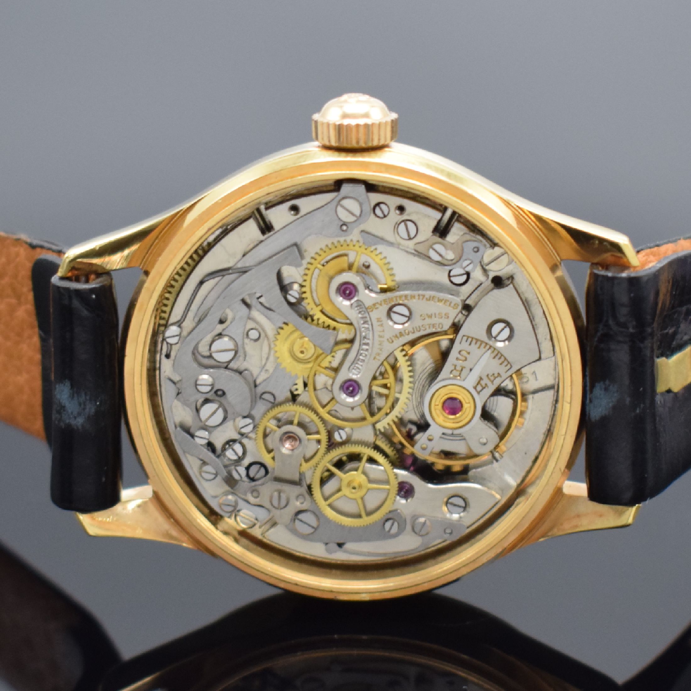 Detail d: NICOLET WATCH nahezu neuwertiger & seltener Chronograph mit Bedienung über Krone, Schweiz um 1955, Handaufzug, verg. Gehäuse, Stahlboden aufgedr., ...