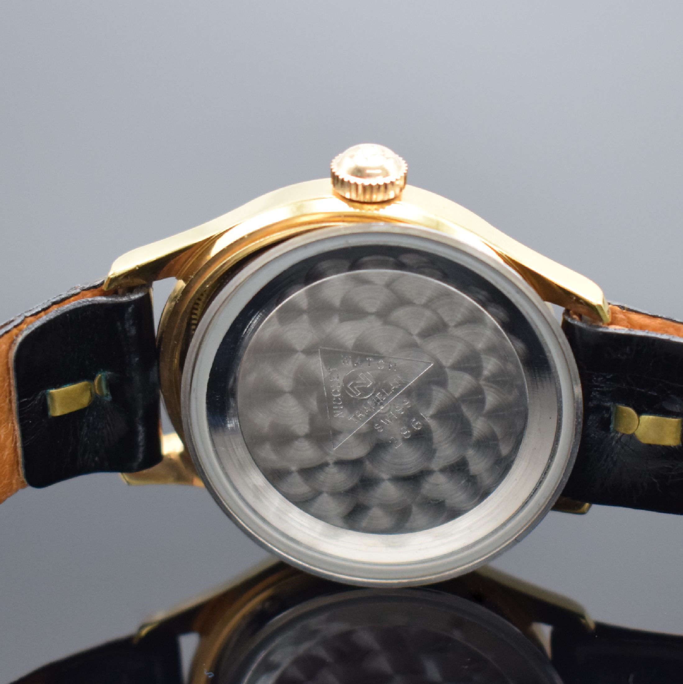 Detail e: NICOLET WATCH nahezu neuwertiger & seltener Chronograph mit Bedienung über Krone, Schweiz um 1955, Handaufzug, verg. Gehäuse, Stahlboden aufgedr., ...