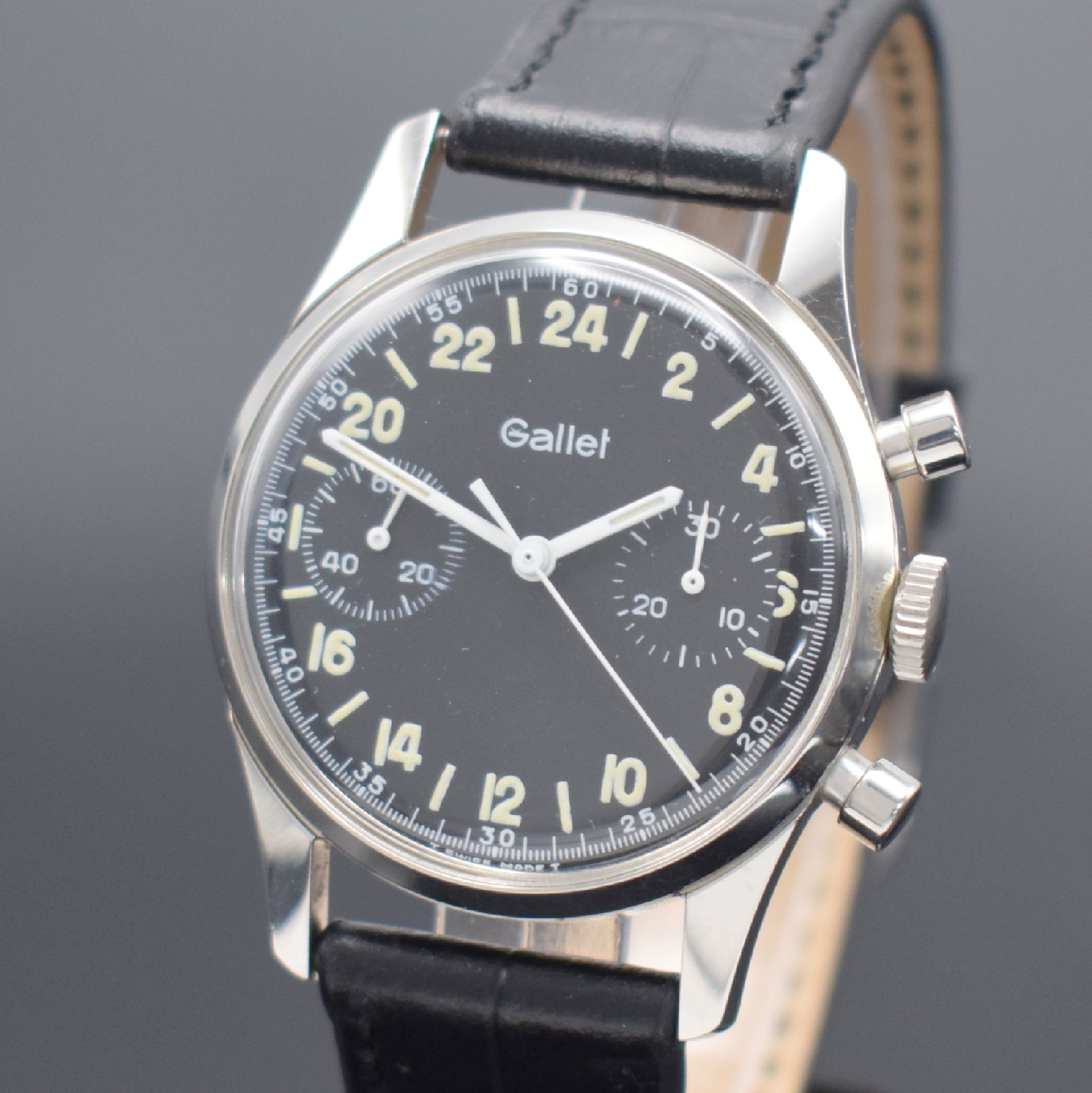 Detail a: GALLET nahezu neuwertiger & seltener Chronograph mit 24-Std.-Anzeige, Schweiz um 1970, Handaufzug, 3-teil. Stahlgeh., Boden & Glasrand aufgedr., ...