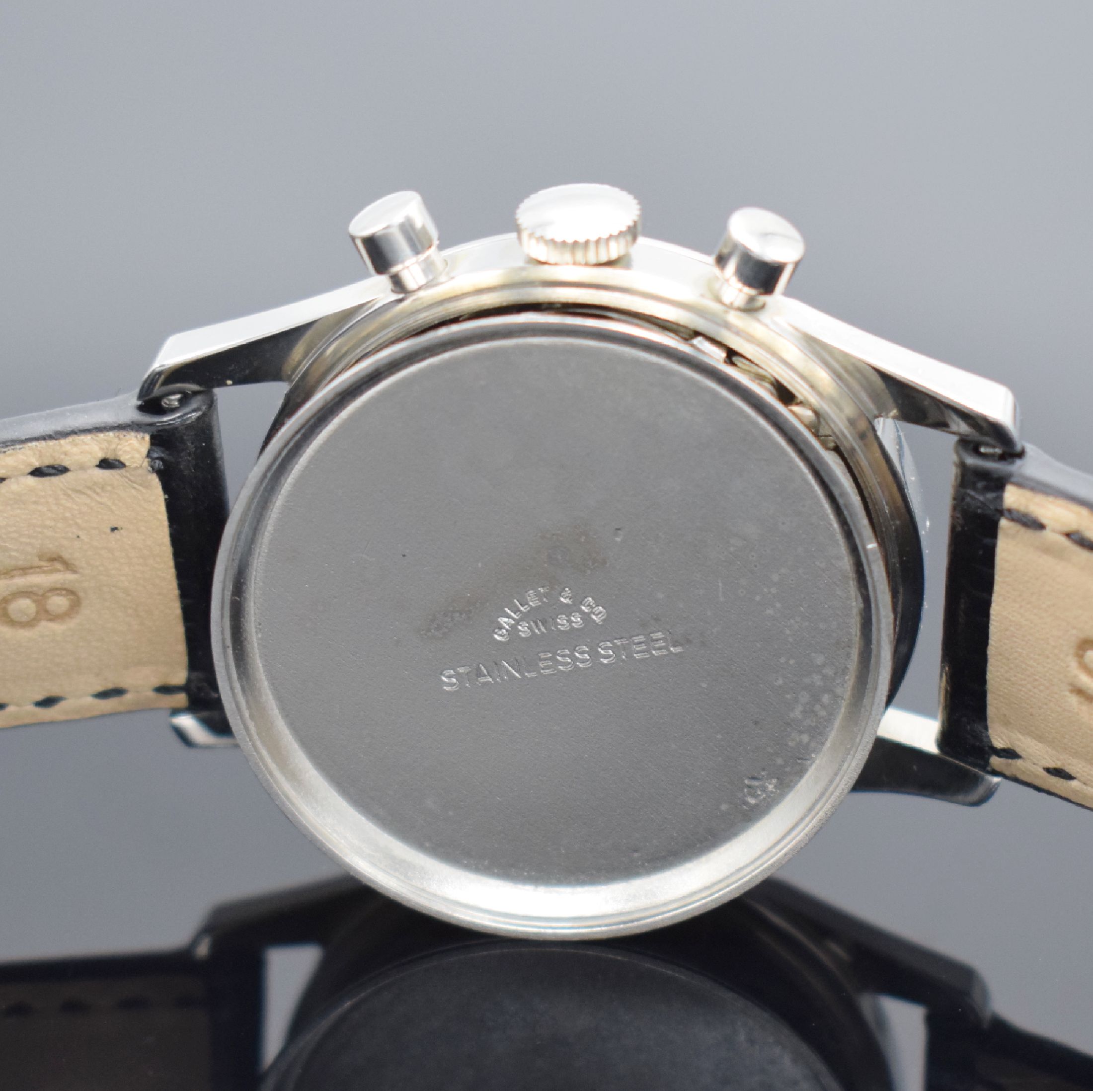 Detail e: GALLET nahezu neuwertiger & seltener Chronograph mit 24-Std.-Anzeige, Schweiz um 1970, Handaufzug, 3-teil. Stahlgeh., Boden & Glasrand aufgedr., ...