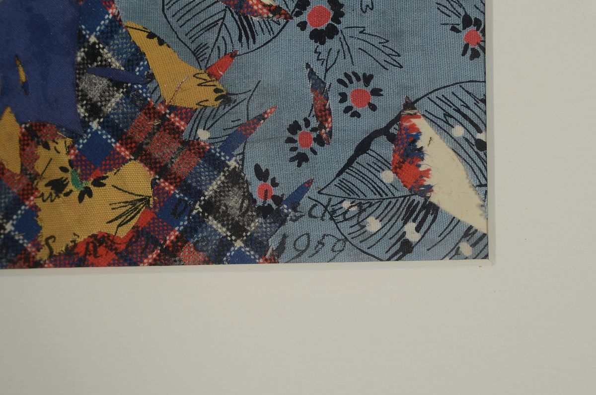 Detail e: Otto Ditscher, 1904-1987 Neuhofen, Stoff- und papiercollage, rechts unten signiert und dat. 1959, ca. 25x36cm, PP, u.Gl., R. ca. 45x57cm