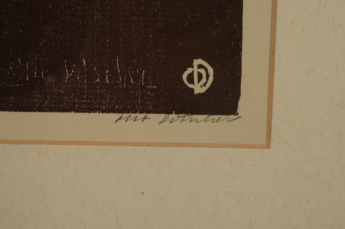 Detail a: Otto Ditscher, 1904-1987 Neuhofen, 2 Arbeiten: Selbstporträt, Holzschnitt, sign.., num. 6/100, ca. 30x23cm, PP, u.Gl., R. ca. 47x40cm; Ansicht aus ...