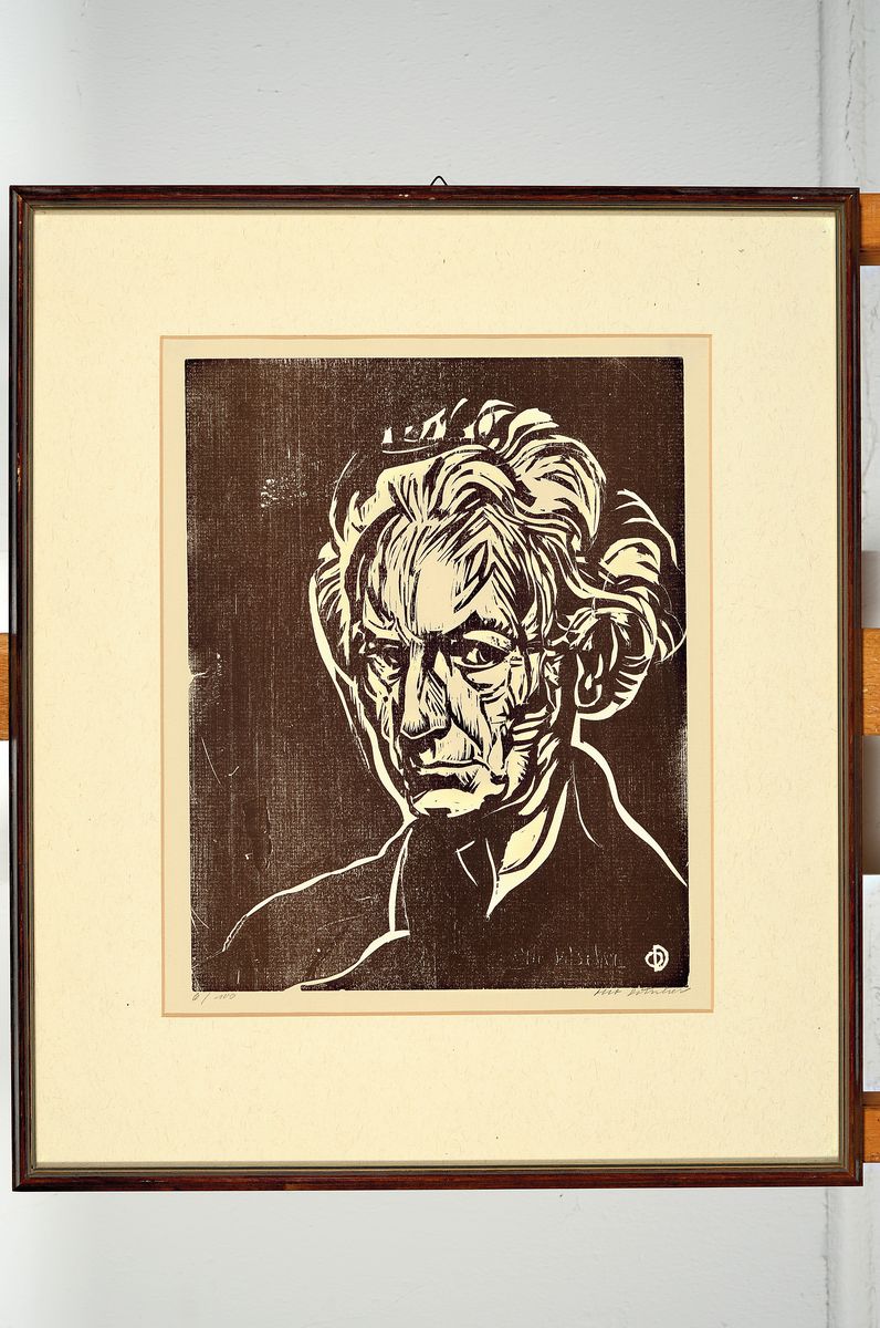 Detail k: Otto Ditscher, 1904-1987 Neuhofen, 2 Arbeiten: Selbstporträt, Holzschnitt, sign.., num. 6/100, ca. 30x23cm, PP, u.Gl., R. ca. 47x40cm; Ansicht aus ...