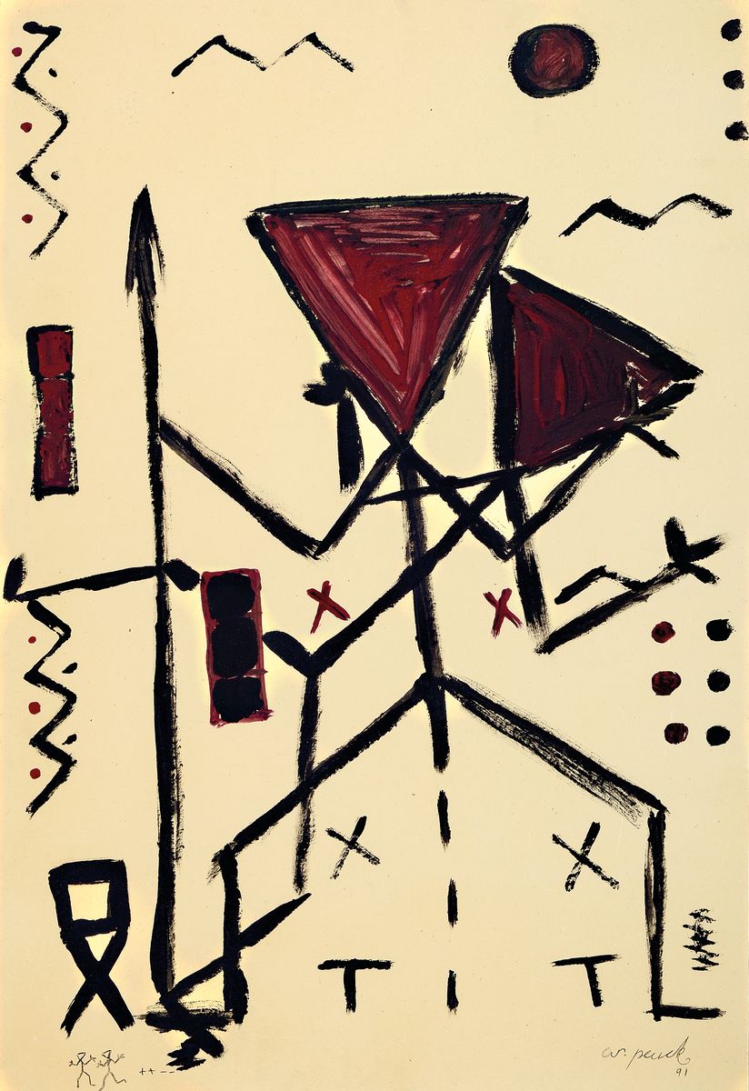 A.R. Penck, 1939-2017, Ohne Titel, Tuschpinselzeichnung in schwarz und rot, rechts unten signiert und dat. 91, links unten in Bleistift zwei ...