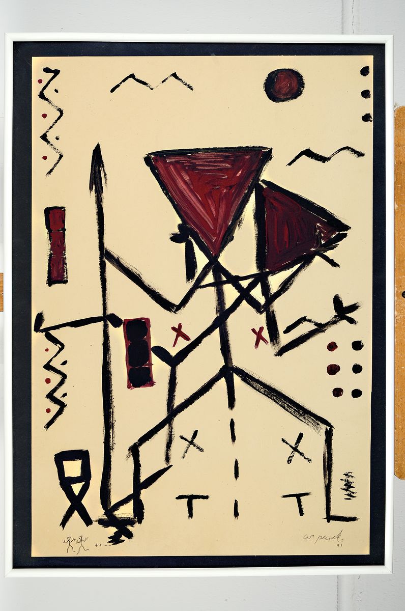 Detail k: A.R. Penck, 1939-2017, Ohne Titel, Tuschpinselzeichnung in schwarz und rot, rechts unten signiert und dat. 91, links unten in Bleistift zwei ...