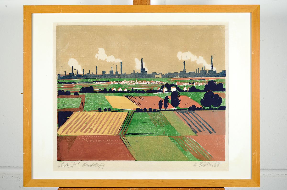 Detail k: Heinz Friedrich, 1924-2018 Schwetzingen, BASF, Farbholzschnitt, signiert und datiert 88, bez.: Handaufzug, ca. 40x49cm, u.Gl., R. ca. 53x59cm