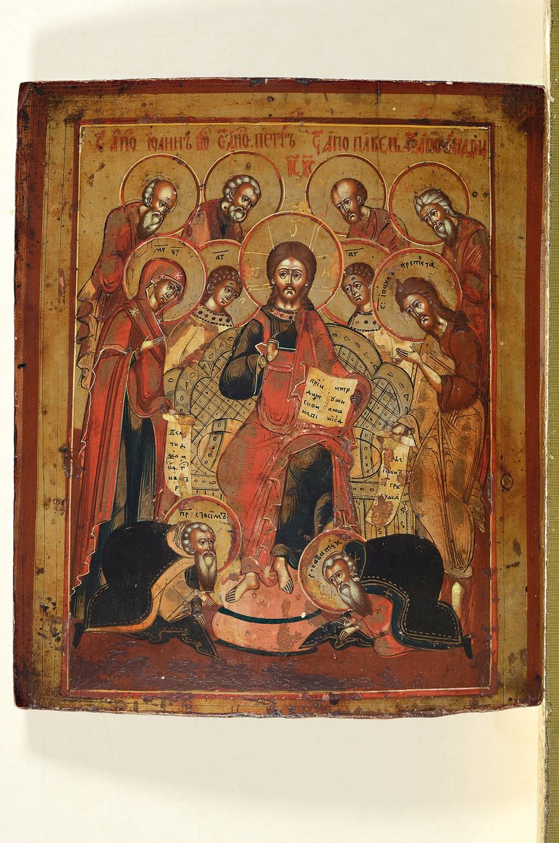 Detail k: Ikone, Russland, um 1900, Christus Pantokrator, erweiterte Deesis, Tempera/Holz, Alterssp., rest., 31x26 cm