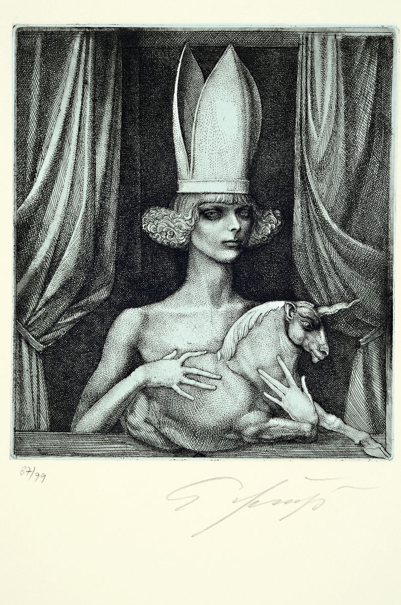 Detail b: Ernst Fuchs, 1930-2015, Sechzehn und eins, Mappe mit 12 (von 17) Aquatinta-Radierungen, Edition Volker Huber 1976, alle handsign. und num. 87/99, ...