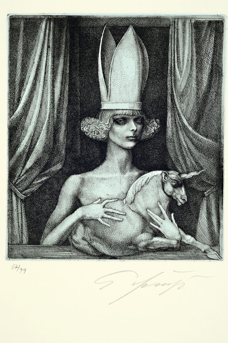 Detail m: Ernst Fuchs, 1930-2015, Sechzehn und eins, Mappe mit 12 (von 17) Aquatinta-Radierungen, Edition Volker Huber 1976, alle handsign. und num. 87/99, ...