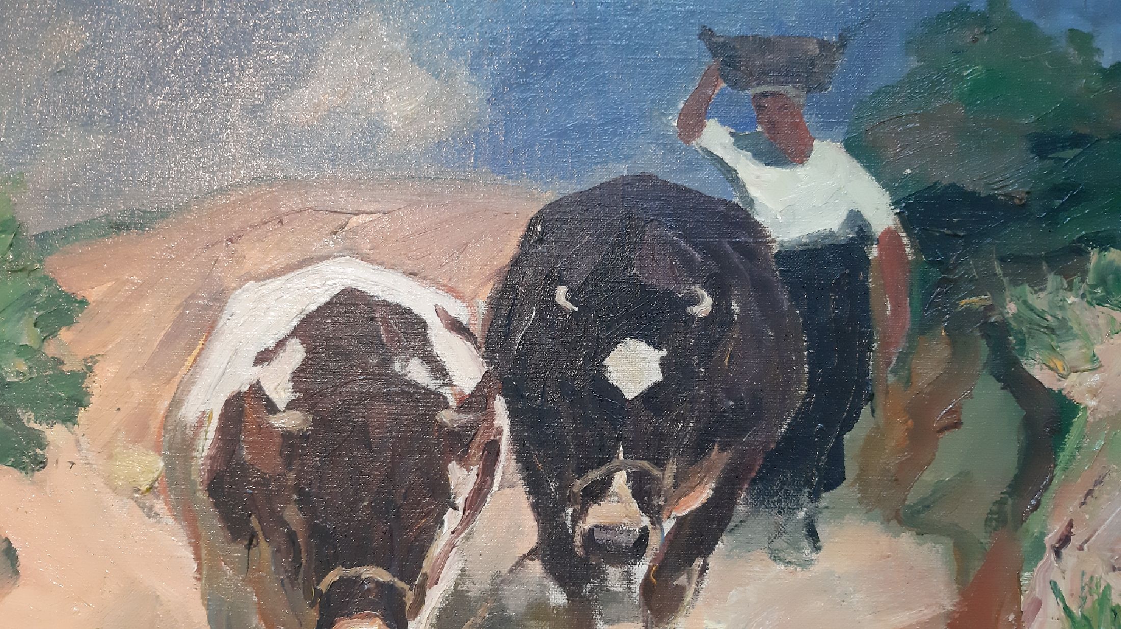 Detail g: Otto Dill, 1884 Neustadt a.d. Weinstraße-1957 Bad Dürkheim, Bäuerin mit Rindern, Öl/Lwd, rechts unten signiert und dat. 1918, verso zwei alte ...