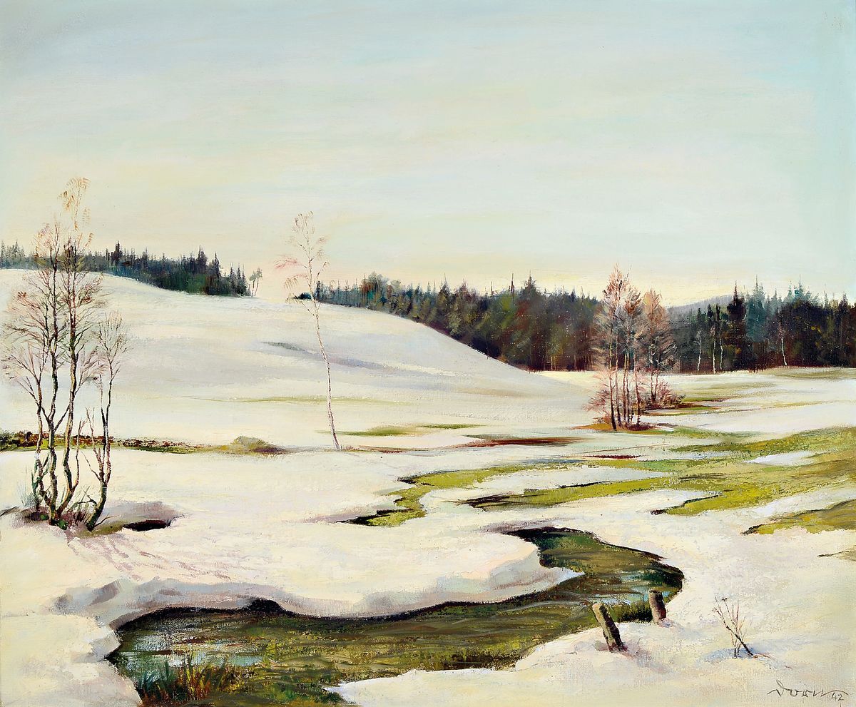 Dorn, datiert (19)42, Verschneite Winterlandschaft mit Bachlauf, Öl/Lwd, rechts unten signiert und dat., ca. 57x69cm, R. ca. 72x84cm