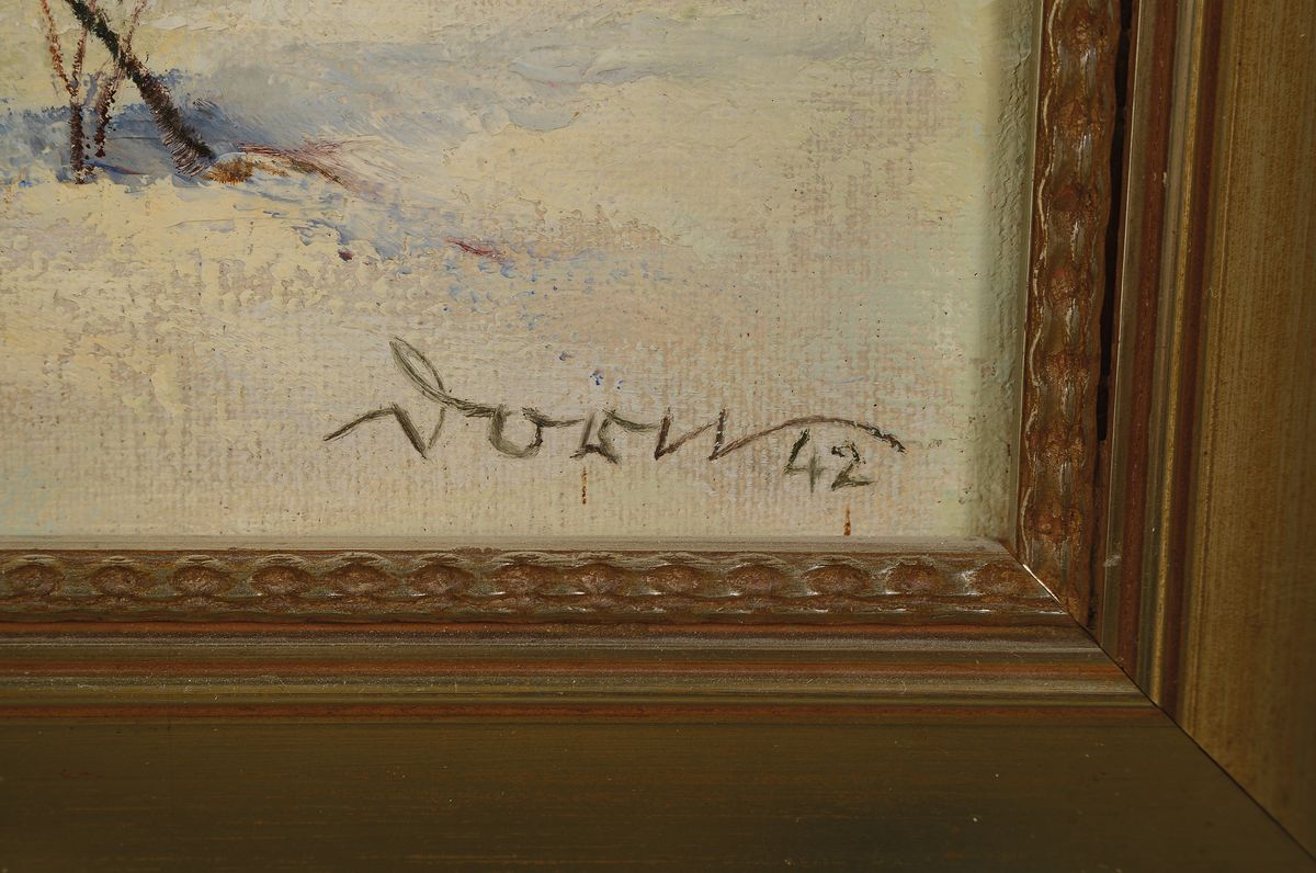 Detail a: Dorn, datiert (19)42, Verschneite Winterlandschaft mit Bachlauf, Öl/Lwd, rechts unten signiert und dat., ca. 57x69cm, R. ca. 72x84cm