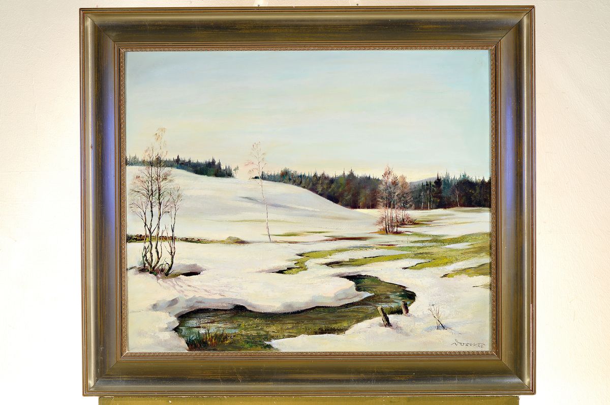 Detail k: Dorn, datiert (19)42, Verschneite Winterlandschaft mit Bachlauf, Öl/Lwd, rechts unten signiert und dat., ca. 57x69cm, R. ca. 72x84cm