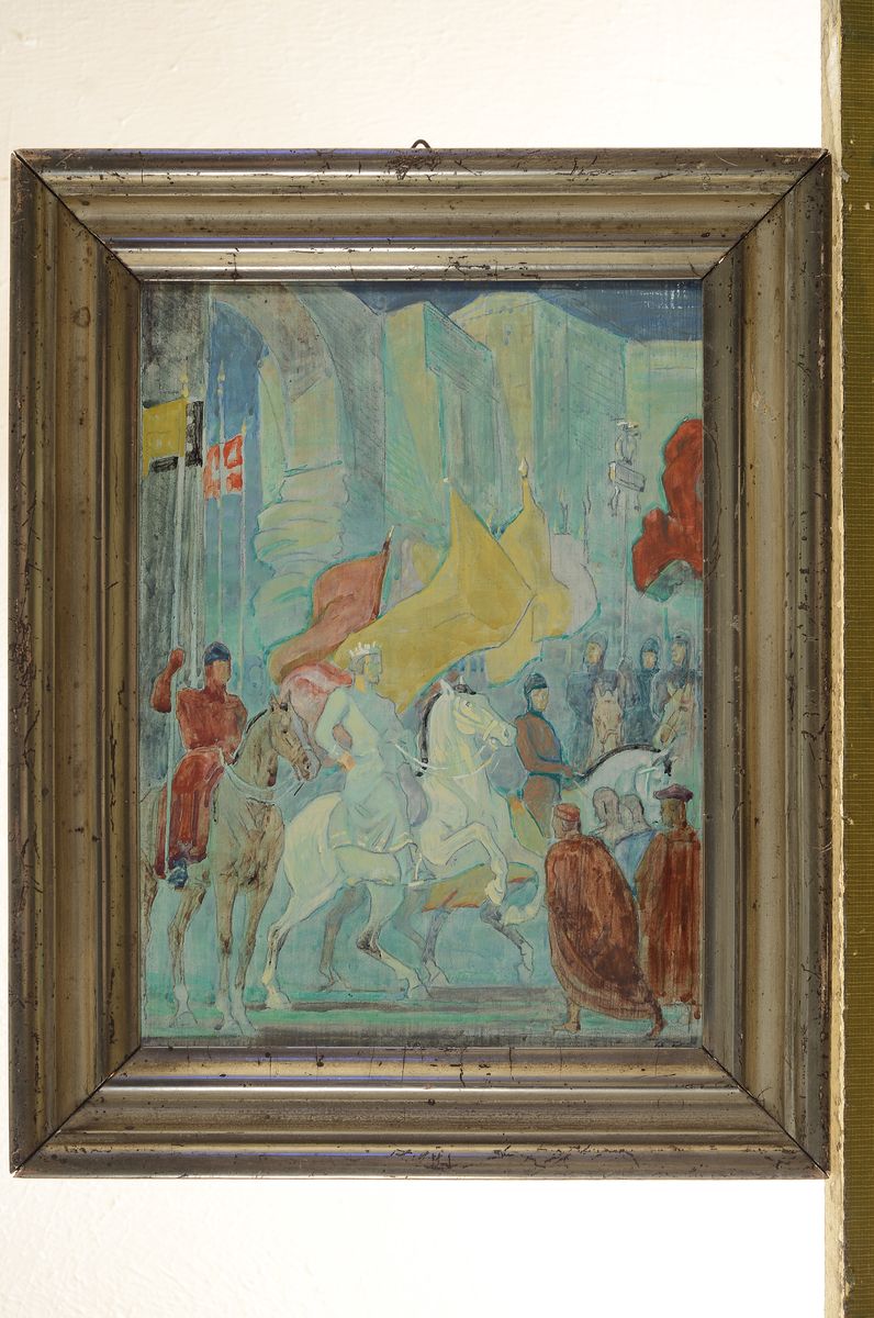 Detail k: Adolf Kessler, 1890 Godramstein-1974 Landau,Entwurf zum Salierfries in Annweiler, Öl/ Holz, rechts unten signiert, ca. 22x17cm, R. ca. 28x23cm