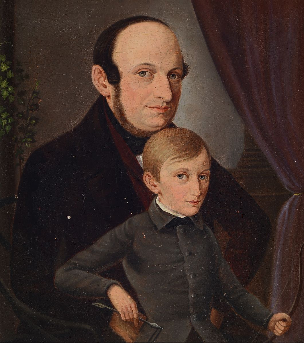 Unbekannter Künstler des Biedermeier, um 1830, Porträt von Vater und Sohn, der Junge hält Pfeil und Bogen in der Hand, Öl/Lwd, altersbedingt ...