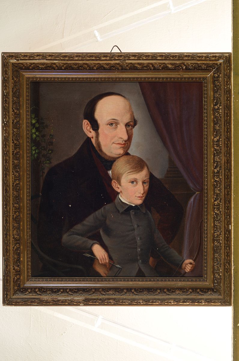 Detail k: Unbekannter Künstler des Biedermeier, um 1830, Porträt von Vater und Sohn, der Junge hält Pfeil und Bogen in der Hand, Öl/Lwd, altersbedingt ...