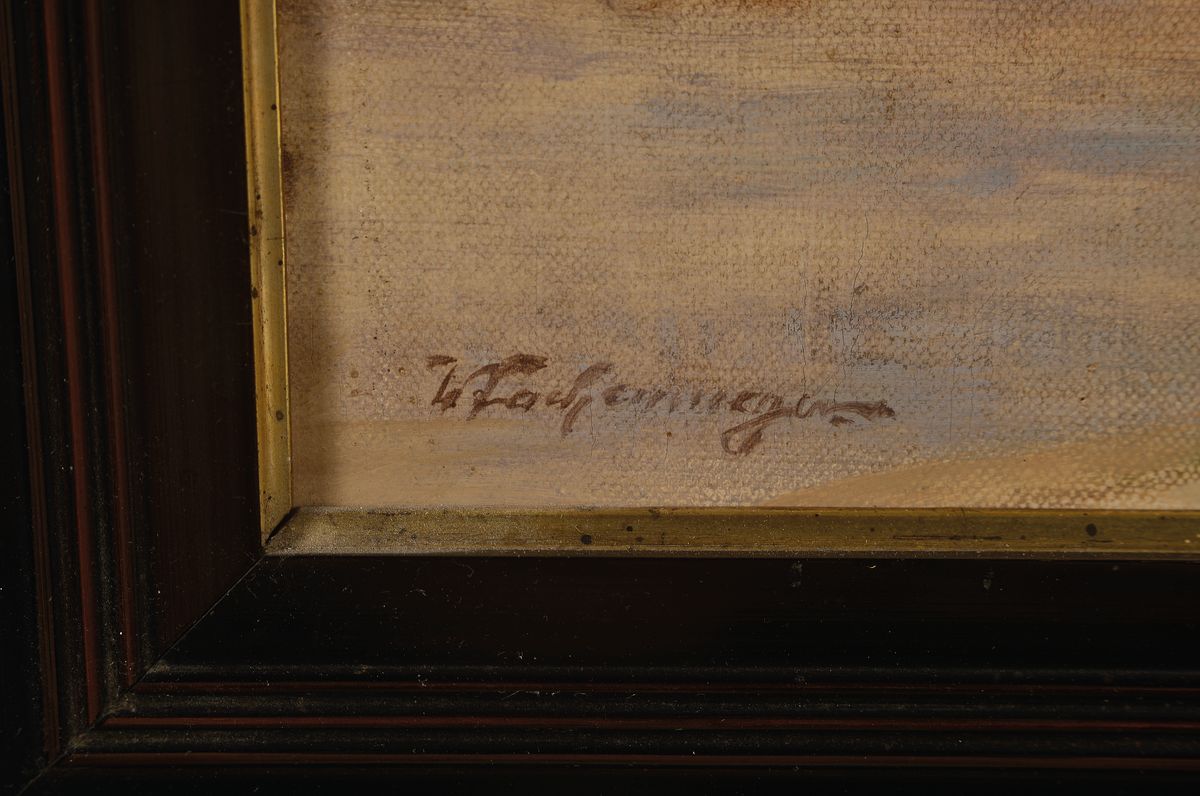 Detail a: Wilhelm Lachenmeyer, geb. 1873 Düsseldorf, Studium an den Akademien Düsseldorf und Karlsruhe, hier: Fischerhütte in den Dünen, so rückseitig auf ...