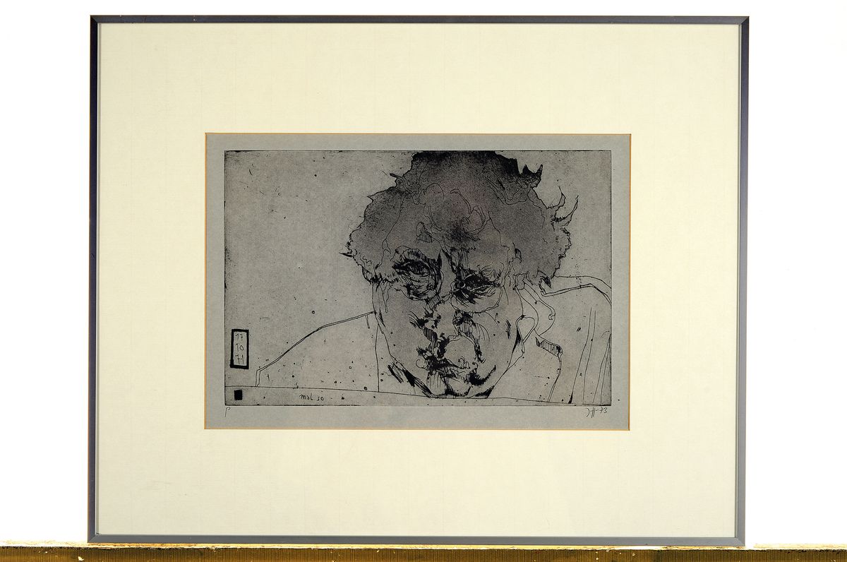 Detail k: Horst Janssen, 1929 - 1995 Hamburg, Studium an der Landeskunstschule Hamburg, hier: Radierung, Selbstbildniss "mal so" (1973), Probedruck, ...