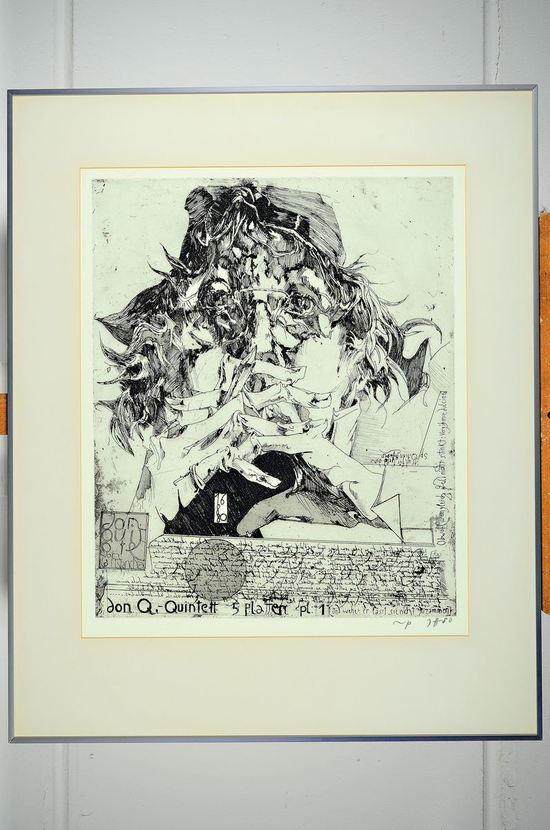 Detail k: Horst Janssen, 1925 - 1995 Hamburg, Studium an der Landeskunstschule Hamburg, hier: Aquatintaradierung, Don Quichotte von la mancha (Selbstbildnis) ...