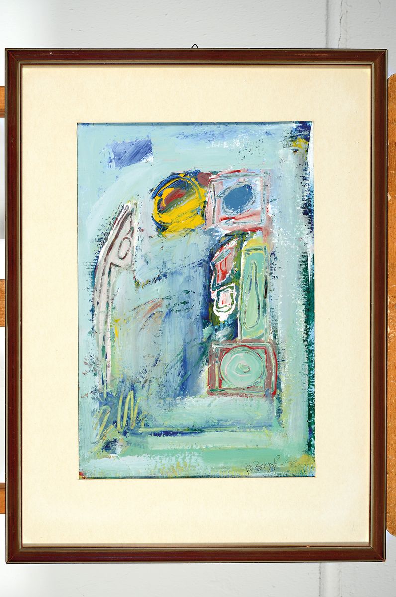 Detail k: P. Besczir (o.ä.), Künstler der 2.Hälfte des 20.Jh., abstrakte-geometrisierende Komposition, Mischtechnik /Papier, rechts unten signiert u. ...