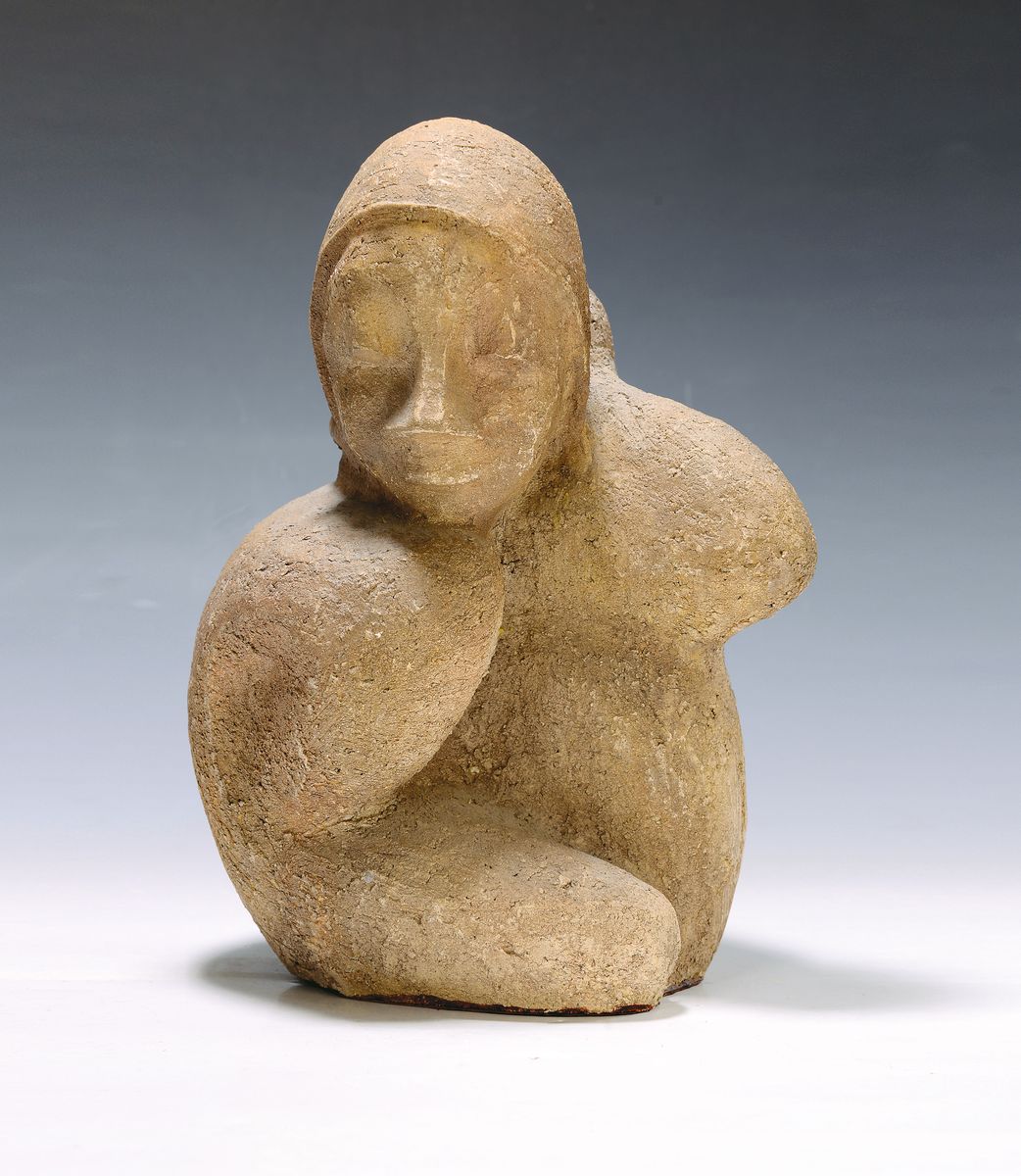Roth, Künstler der Mitte des 20.Jh., Akademische Ausbildung anzunehmen, Tonfigur, Darstellung einer hockenden Figur, geschlossener Umriss, ...