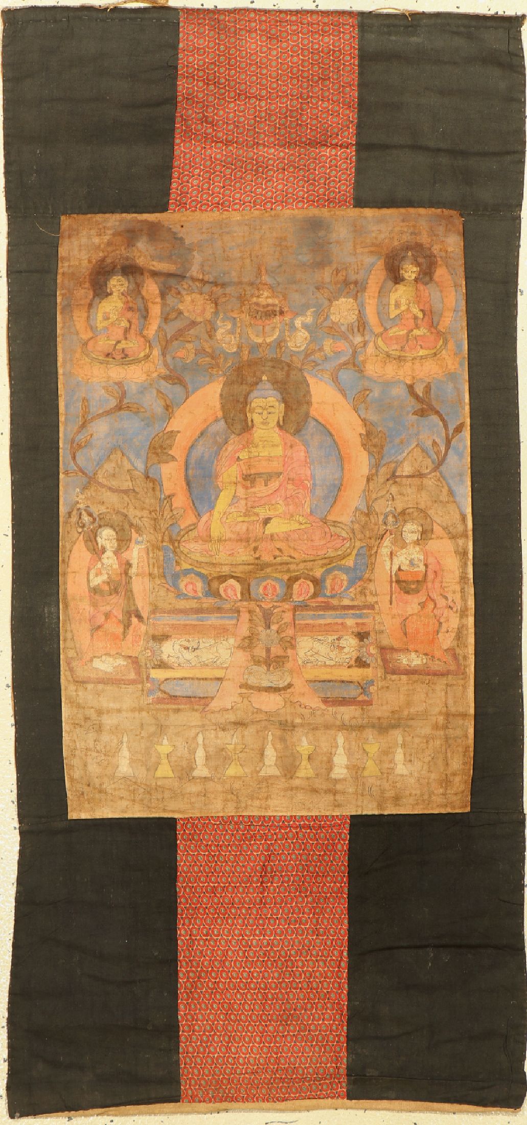 Thangka antik, Tibet, um 1900, Malerei, ca.125 x 60 cm, EHZ: 3, (Fleckig)