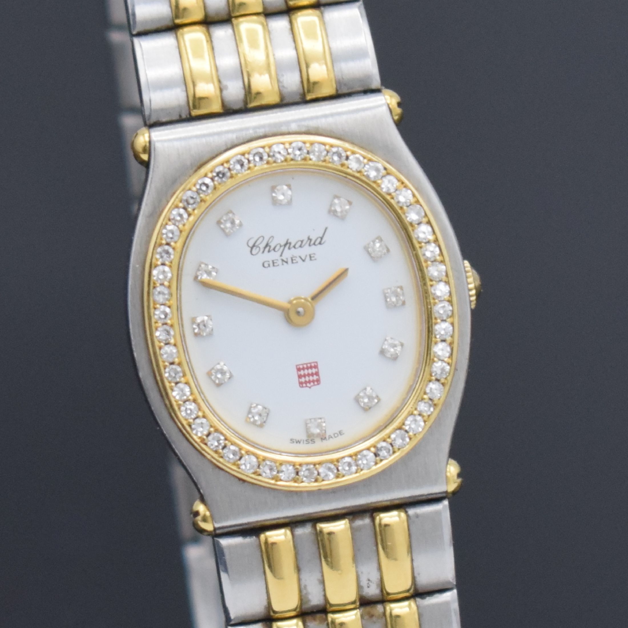 Detail c: CHOPARD Monte-Carlo Damenarmbanduhr, Schweiz um 1995, quarz, Edelstahl/Gold kombiniert inkl. Gliederband m. dopp. Faltschließe, weißes Zifferbl., ...