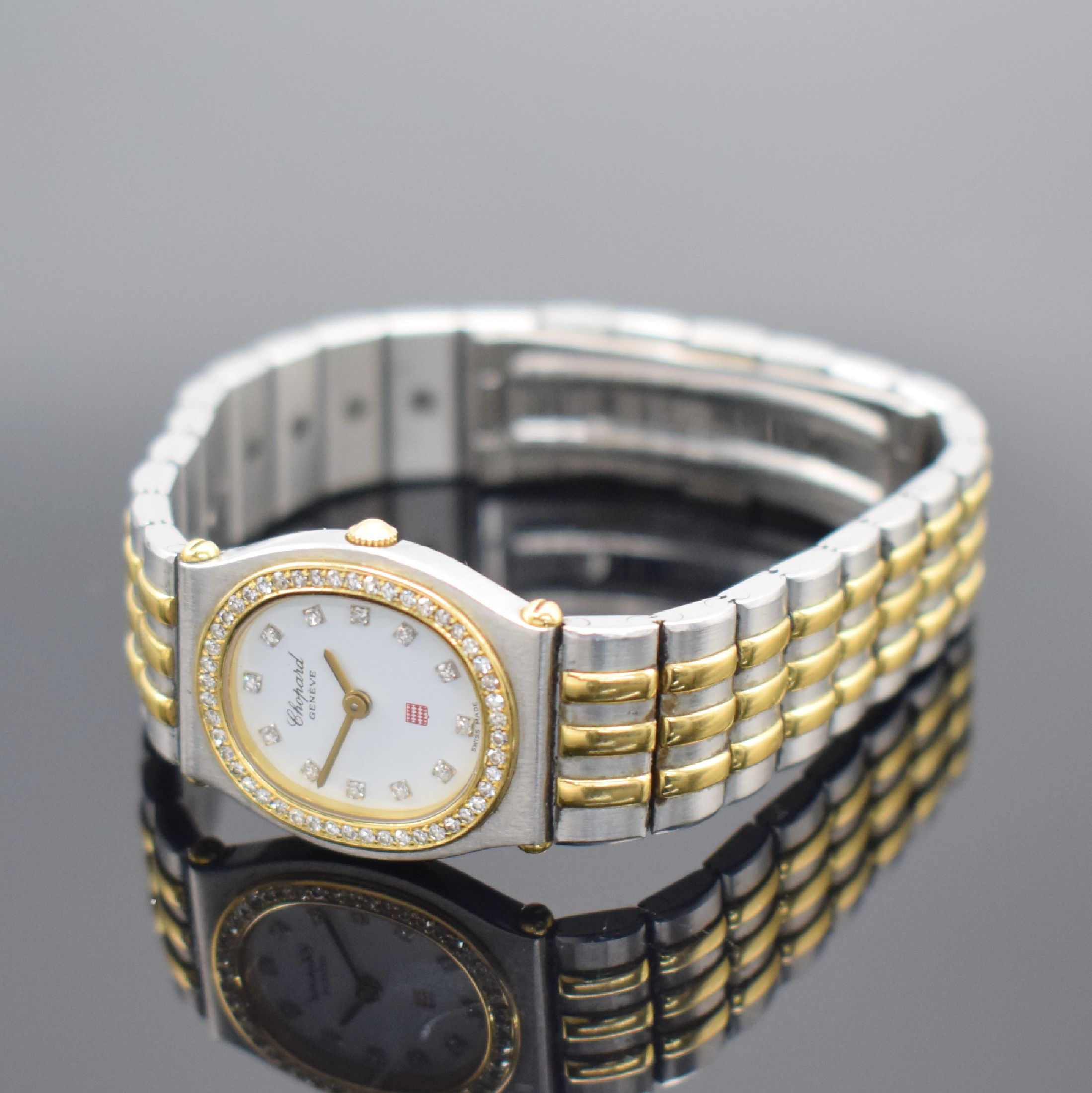 Detail d: CHOPARD Monte-Carlo Damenarmbanduhr, Schweiz um 1995, quarz, Edelstahl/Gold kombiniert inkl. Gliederband m. dopp. Faltschließe, weißes Zifferbl., ...