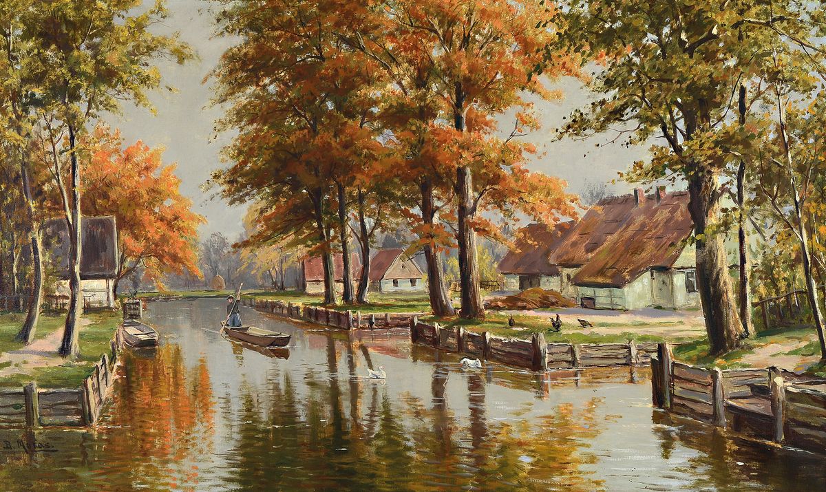 Bruno Moras, 1883 Berlin- 1939, wohl Spreewalddarstellung mit Kähnen, Öl/Lwd, signiert, ca. 60 x 100 cm, Rahmen