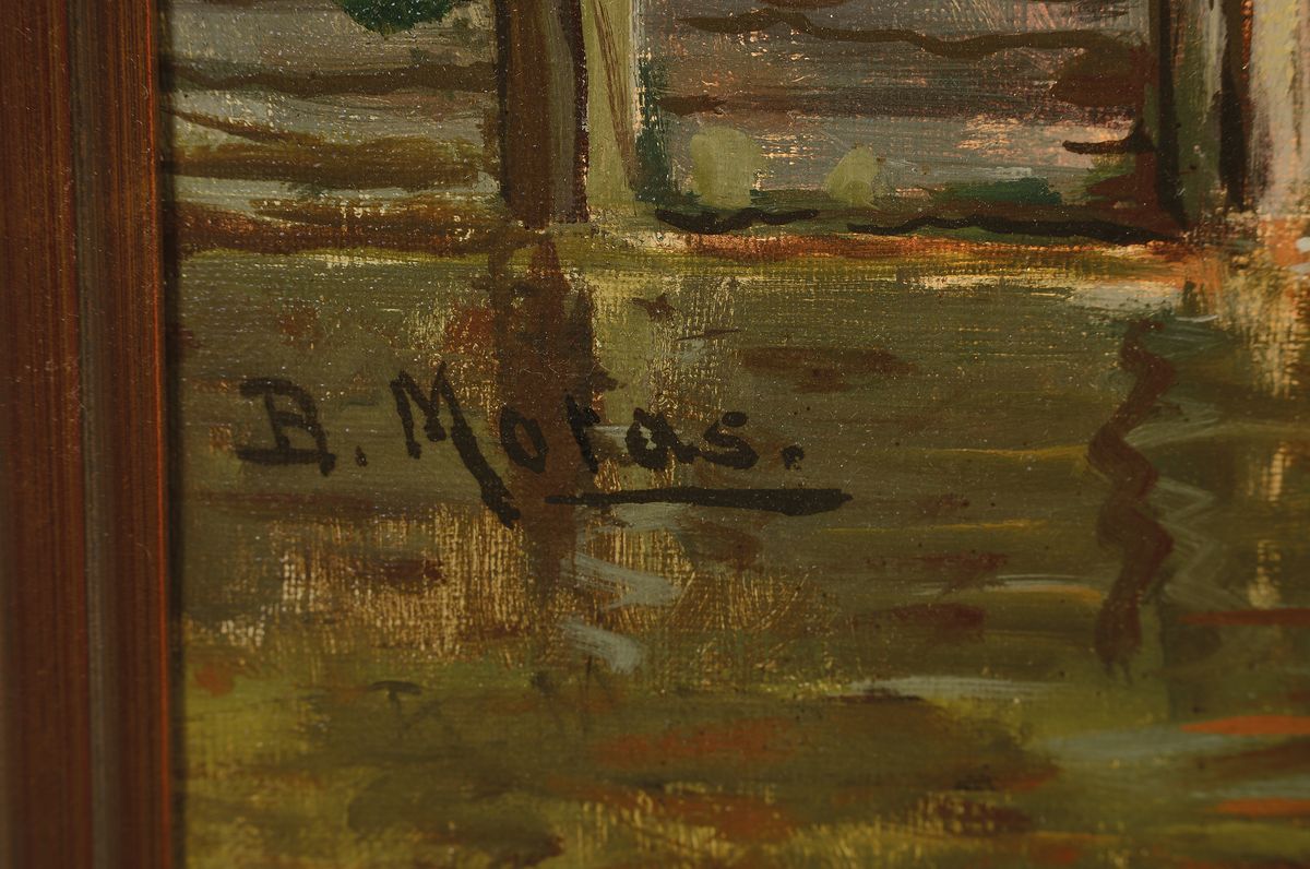 Detail a: Bruno Moras, 1883 Berlin- 1939, wohl Spreewalddarstellung mit Kähnen, Öl/Lwd, signiert, ca. 60 x 100 cm, Rahmen