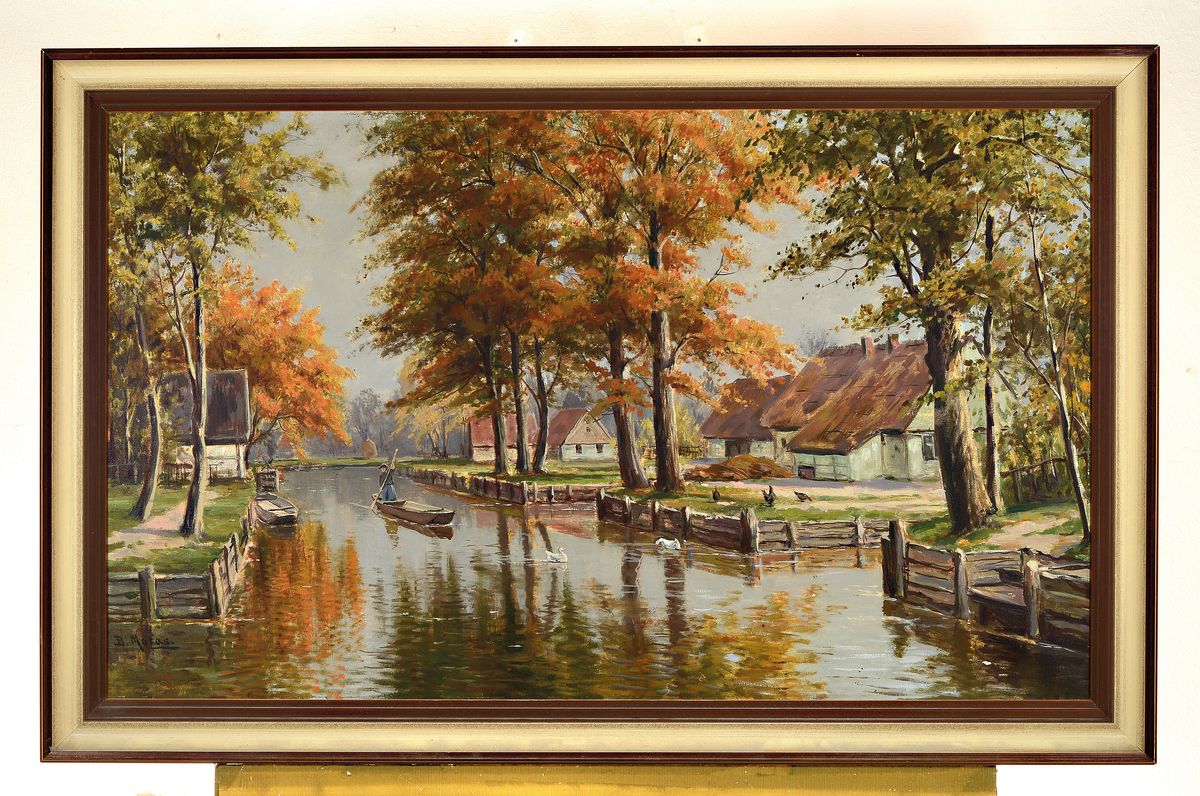Detail k: Bruno Moras, 1883 Berlin- 1939, wohl Spreewalddarstellung mit Kähnen, Öl/Lwd, signiert, ca. 60 x 100 cm, Rahmen