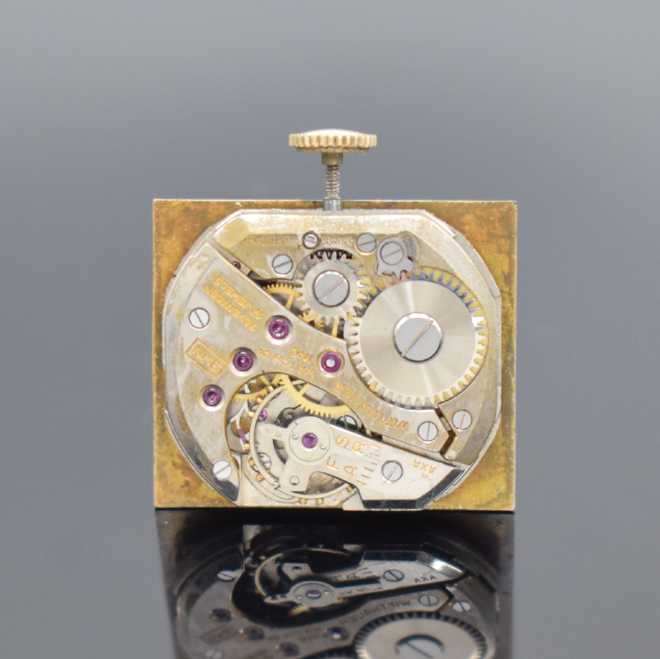 Detail d: WITTNAUER rechteckige Armbanduhr in GG 585/000, USA/Schweiz um 1945, Handaufzug, ausgef. 2-tlg. Geh., Boden aufgedr., silb. Zifferbl. m. gold. ...