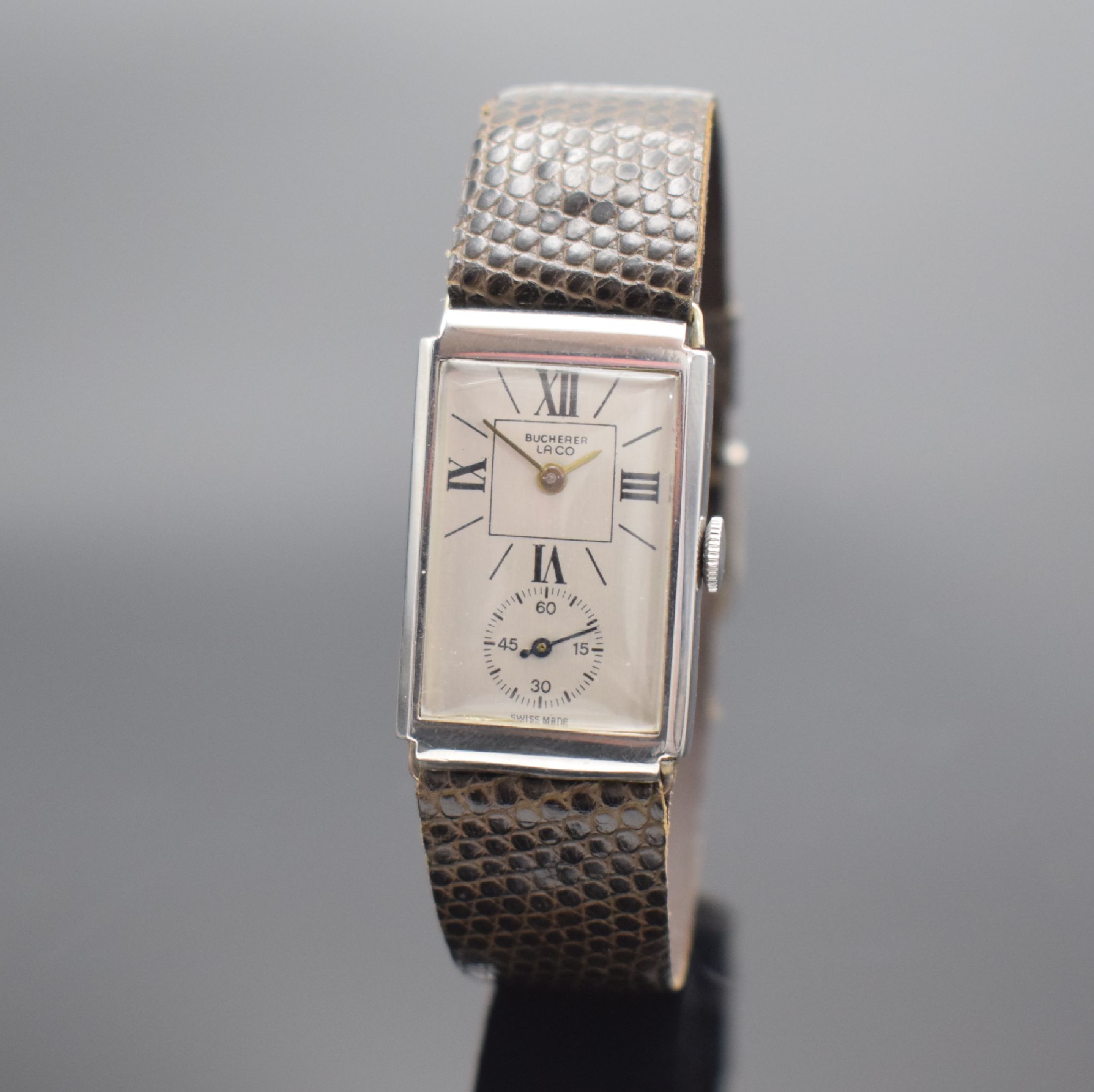 Detail a: LACO Set bestehend aus 2 seltenen Armbanduhren in Edelstahl, beide Handaufzug, beide 1940er Jahre, 1. Herrenuhr: mit aus der Mitte gez. Zeigerachsen ...