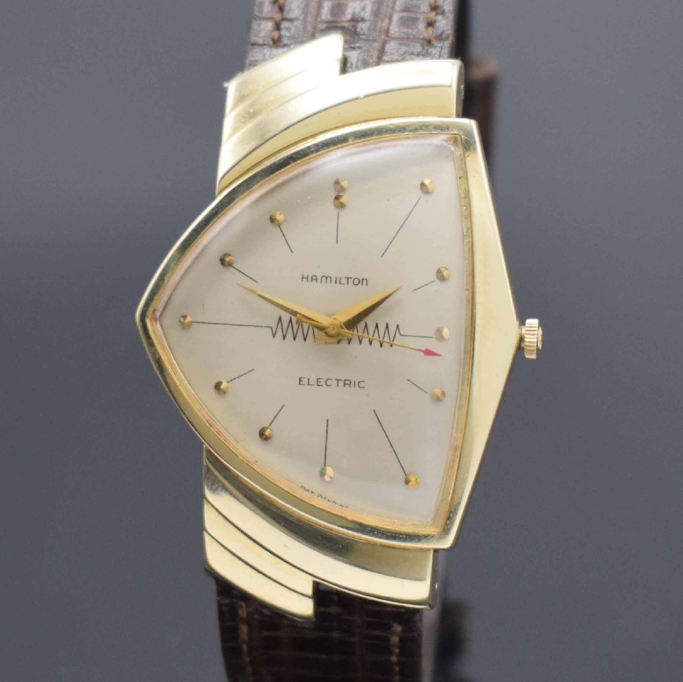 Detail a: HAMILTON ELECTRIC seltene Herrenarmbanduhr in GG 585/000, USA um 1959, asym. Gehäuse, Boden aufgedr., eine der ersten elektromechanischen Uhren, ...