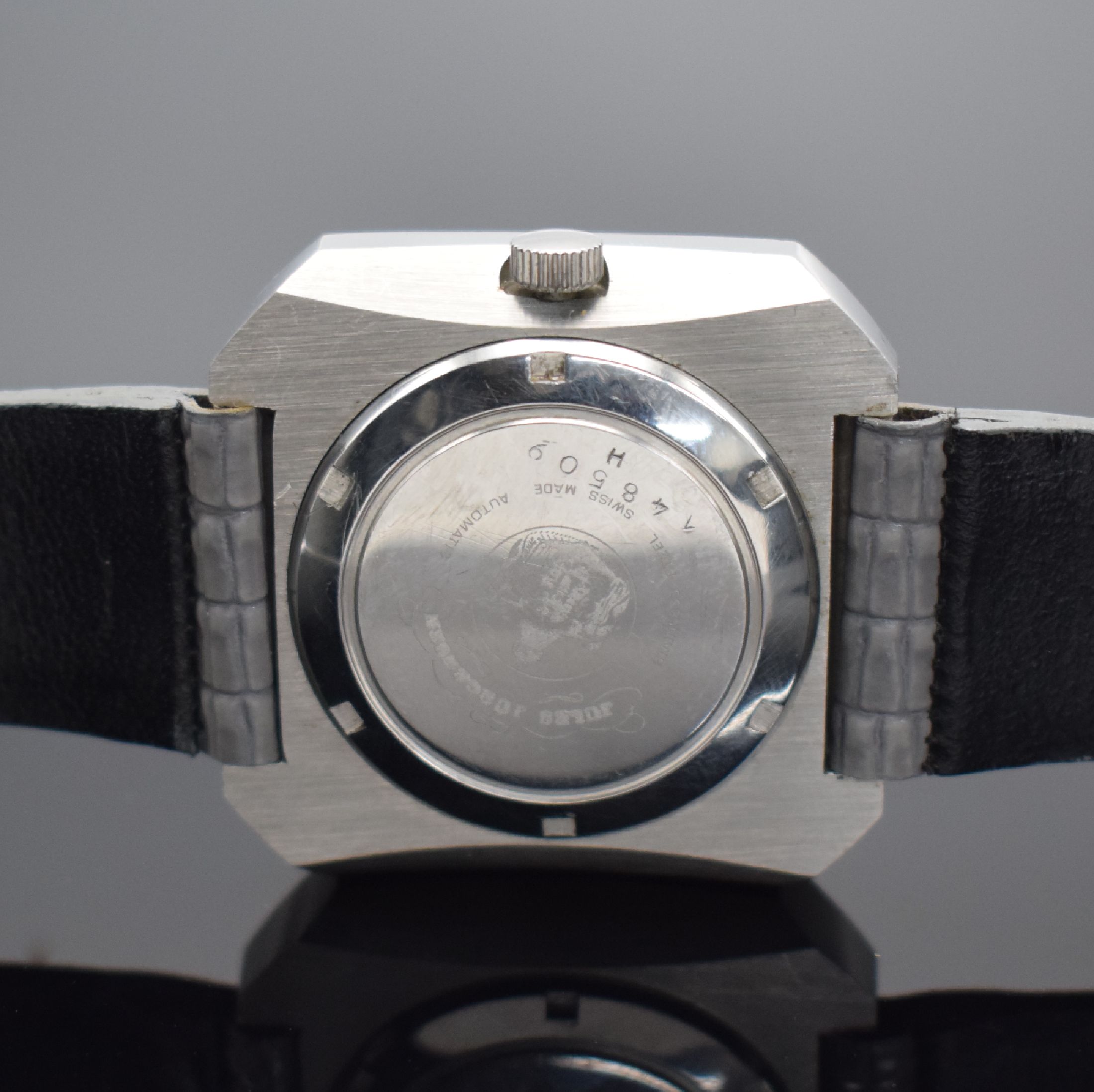 Detail b: JULES JÜRGENSEN große Herrenarmbanduhr in Stahl, Schweiz um 1975, Automatik, Boden verschr., silb. Zifferbl. m. aufgel. Indizes, Anz. v. Std., ...
