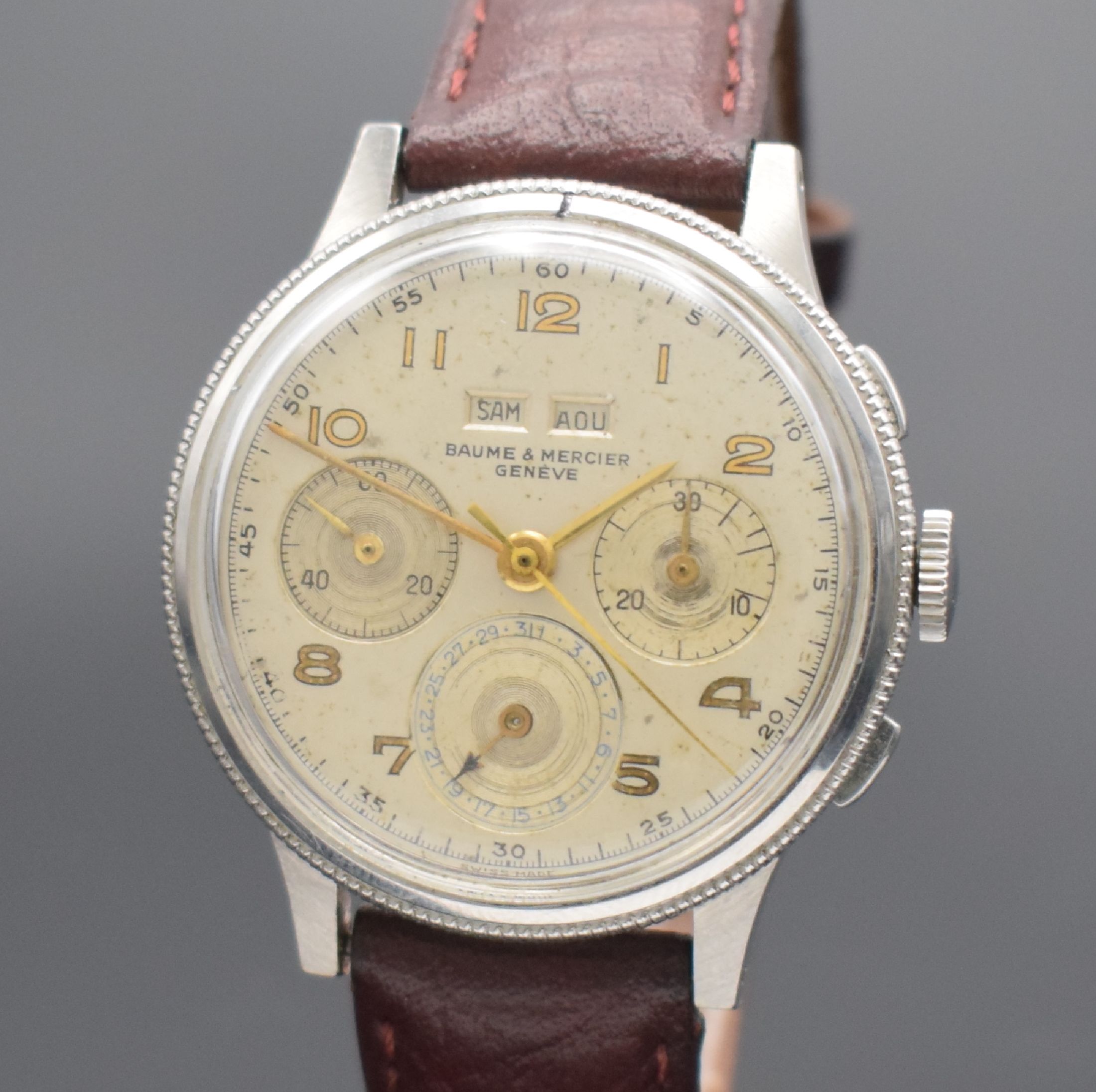 Detail a: BAUME & MERCIER extrem seltener Armbandchronograph in Stahl, Handaufzug, Schweiz 1950er Jahre, Boden aufgedr., silb. Zifferbl. altersbed. fl./pat., ...