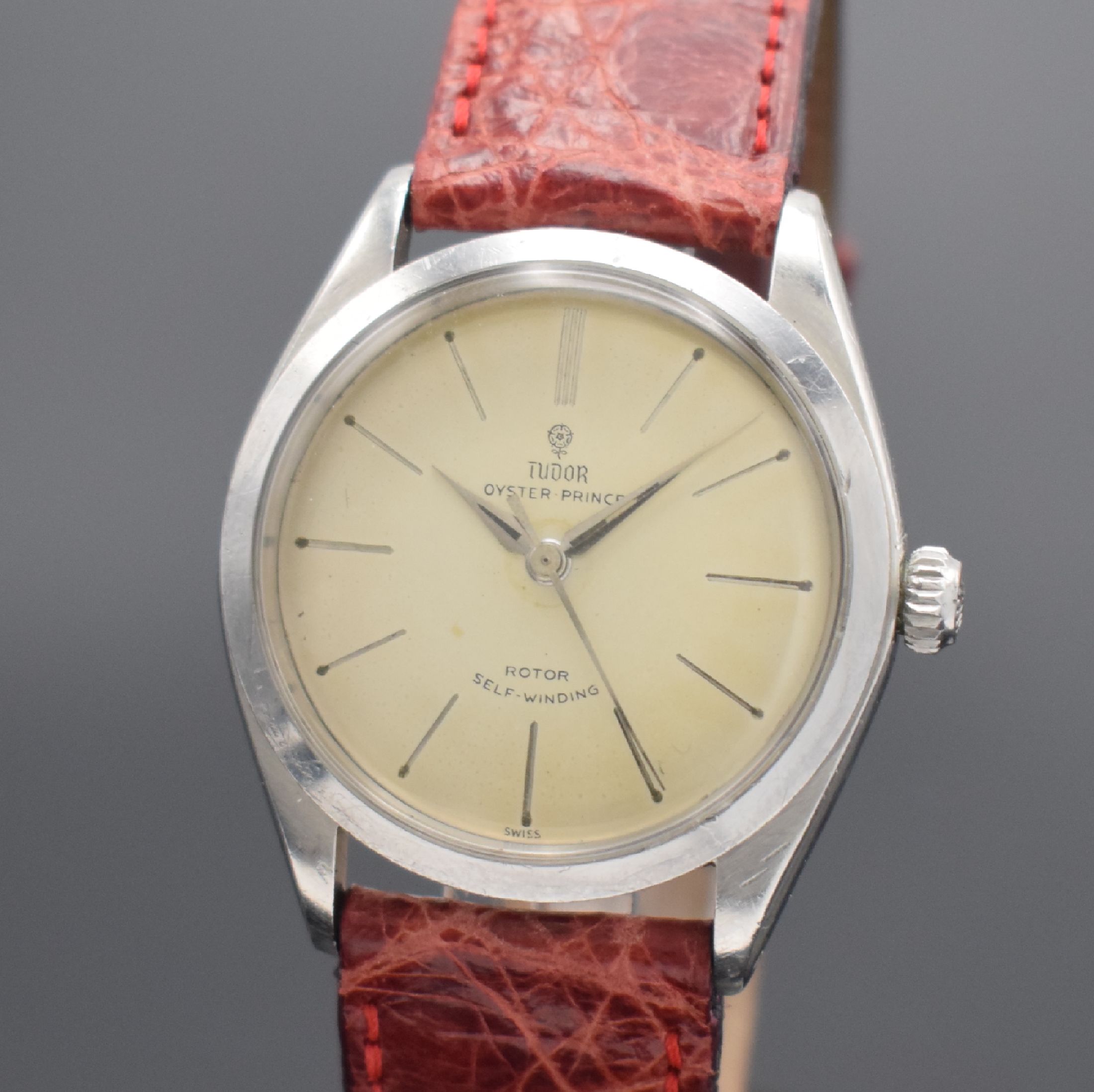 Detail a: TUDOR Oyster Prince Herrenarmbanduhr in Edelstahl Referenz 7965, Automatik, Schweiz lt. Bodenstempel I Quartal 1961, silb. Zifferbl. altersbed. ...