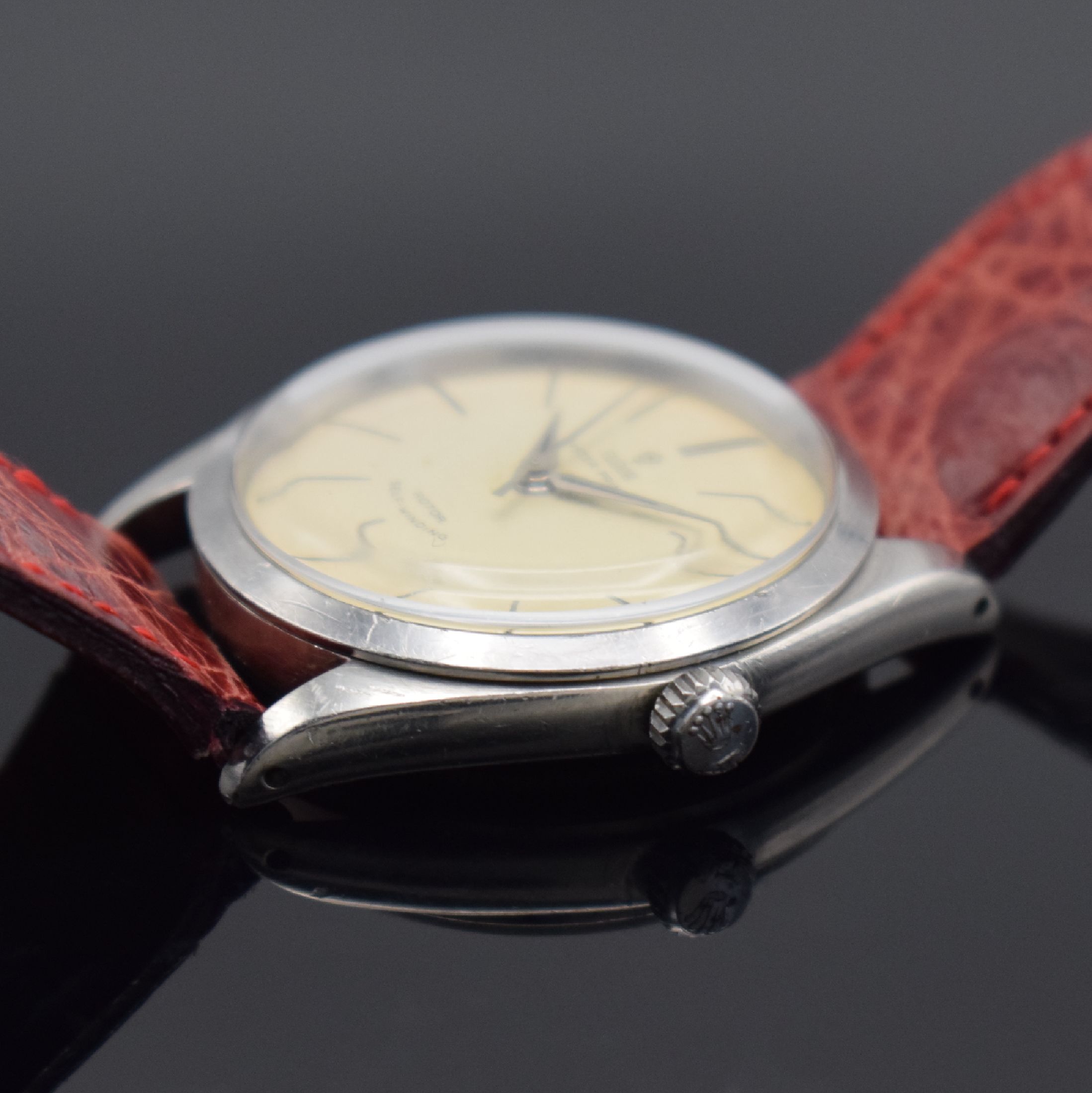Detail b: TUDOR Oyster Prince Herrenarmbanduhr in Edelstahl Referenz 7965, Automatik, Schweiz lt. Bodenstempel I Quartal 1961, silb. Zifferbl. altersbed. ...