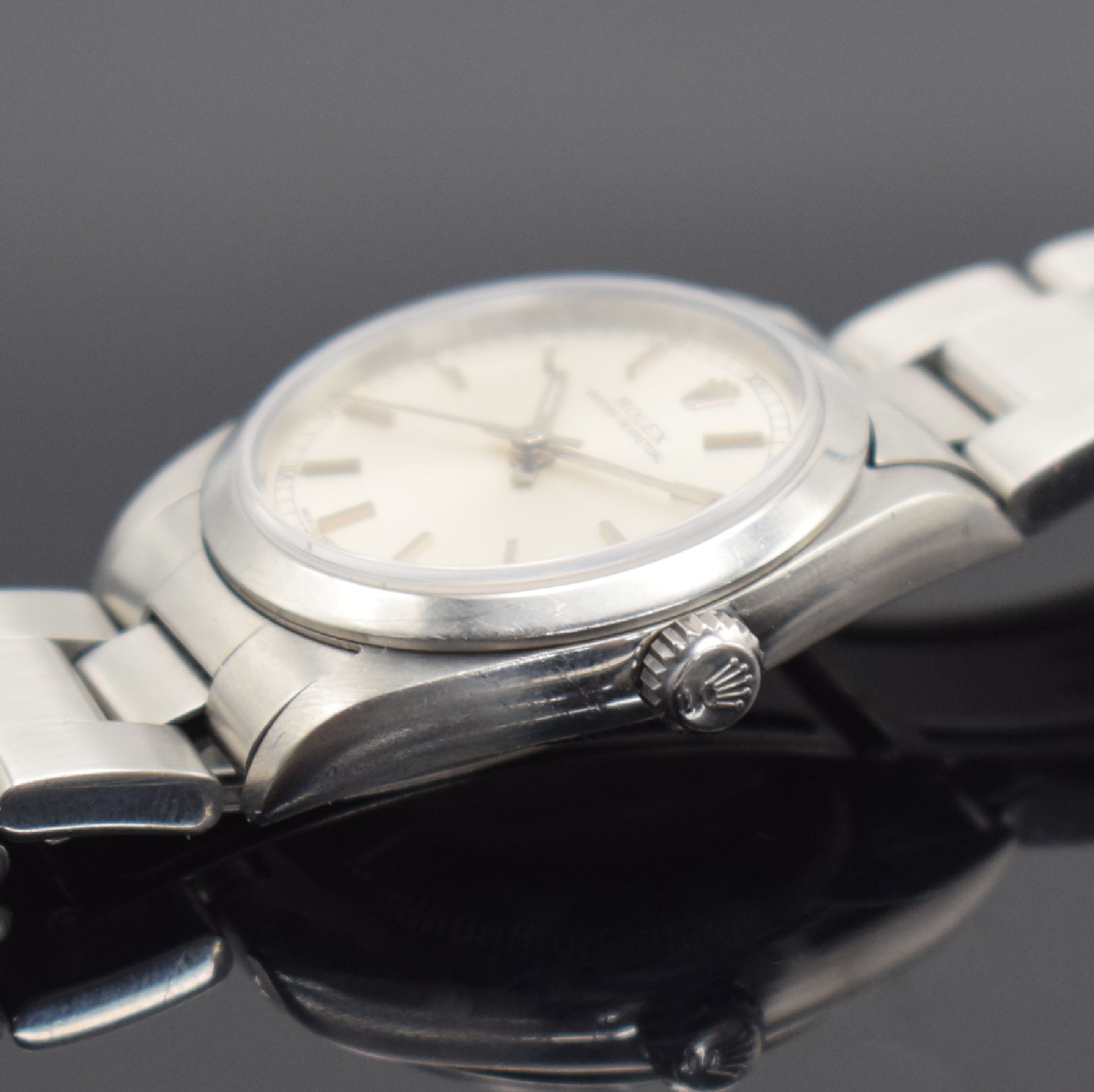 Detail c: ROLEX Mediumarmbanduhr Oyster Perpetual Referenz 77080, Automatik, Schweiz um 2002, Edelstahlgeh. inkl. Oysterband m. Faltschl., Boden & Krone ...