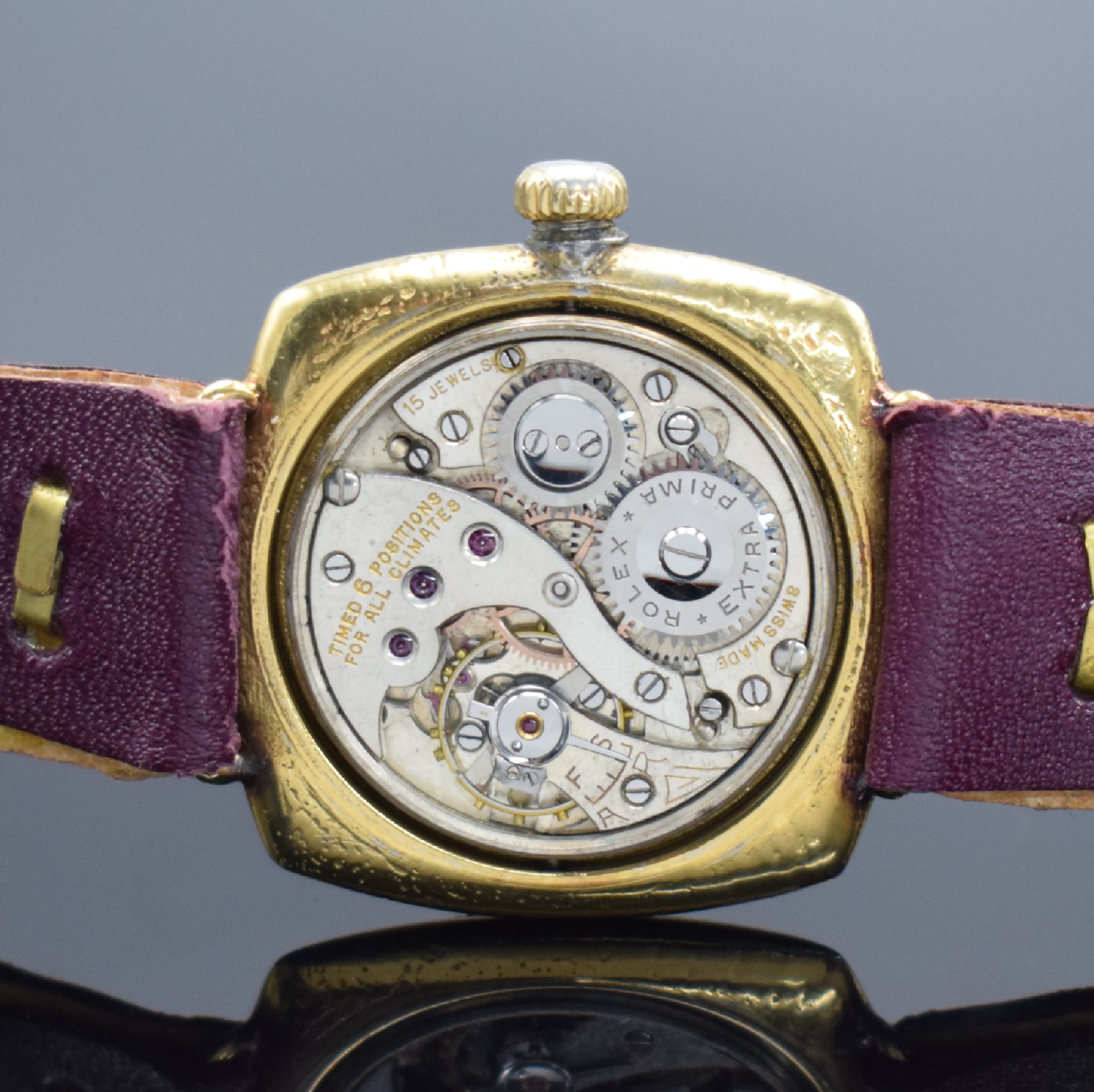 Detail d: ROLEX seltene Armbanduhr sogenannte Kanalschwimmer-Uhr, Schweiz/England um 1925, Handaufzug, 3-teil. verg. Carree-Cambree Geh. rest., Krone nicht ...