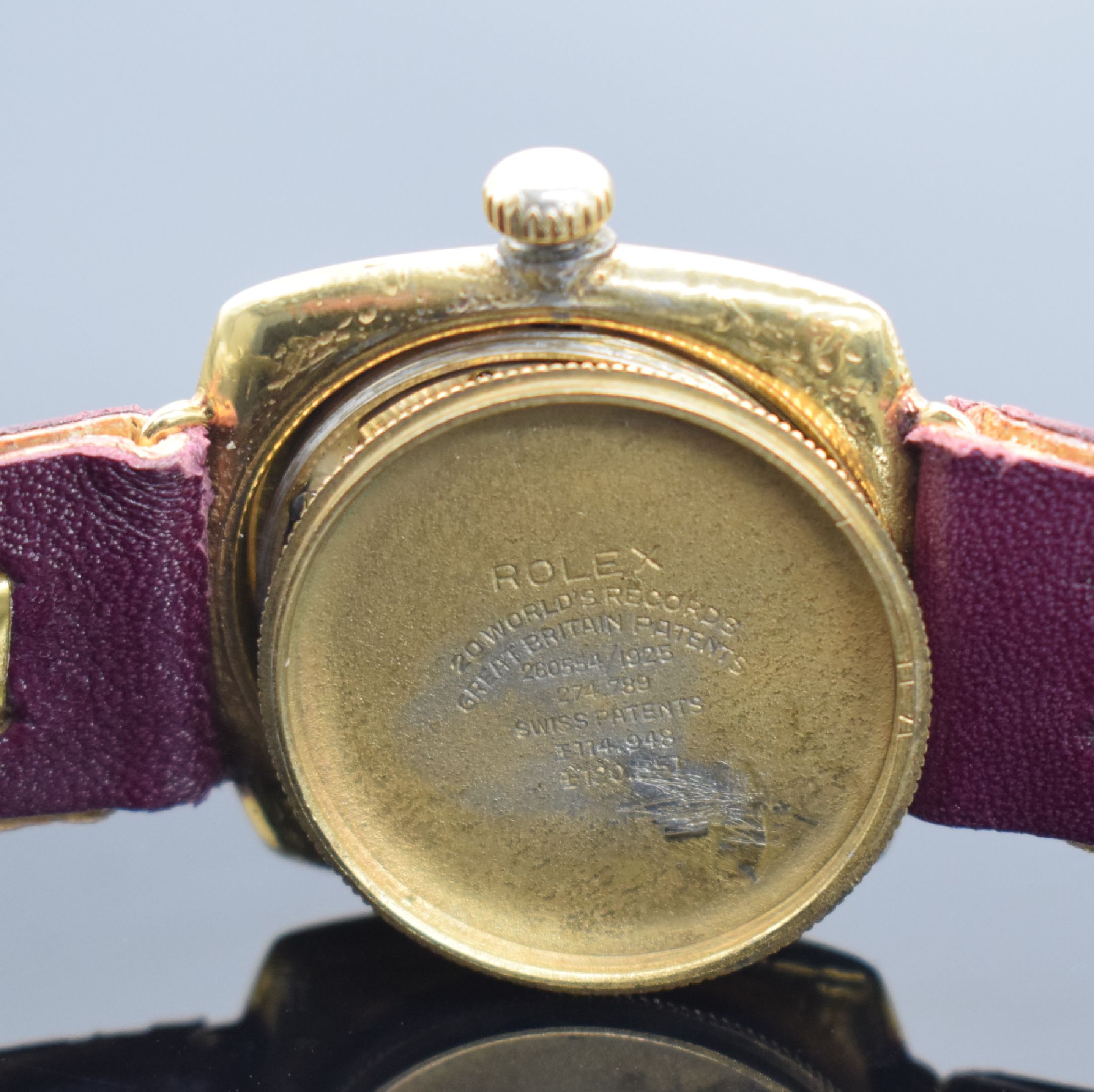 Detail e: ROLEX seltene Armbanduhr sogenannte Kanalschwimmer-Uhr, Schweiz/England um 1925, Handaufzug, 3-teil. verg. Carree-Cambree Geh. rest., Krone nicht ...