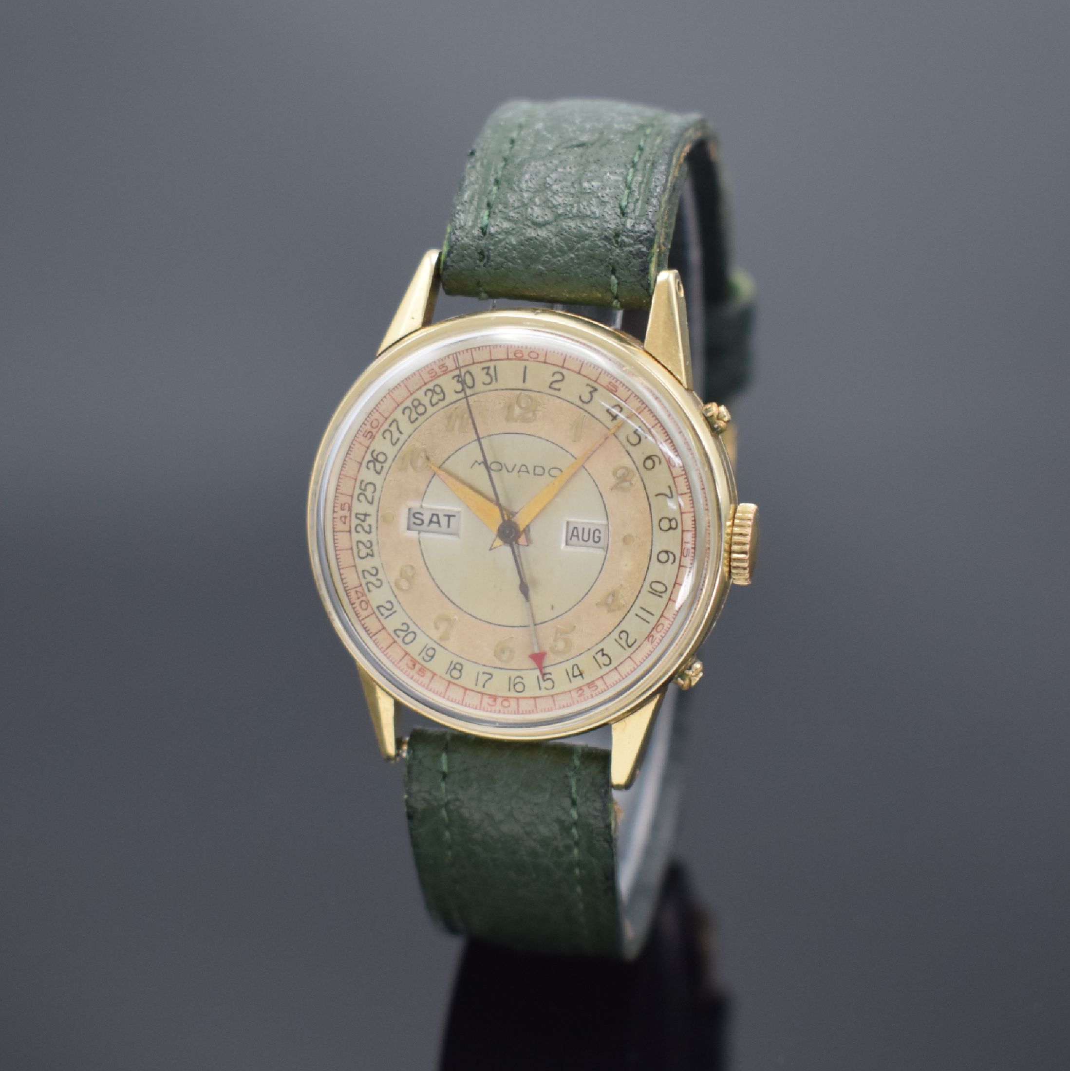 MOVADO Triple Calendar Armbanduhr in GG 585/000, Schweiz/USA um 1945, Handaufzug, Ref. 44777, Geh. sign. Wadsworth, Boden & Glasrand aufgedr., ...