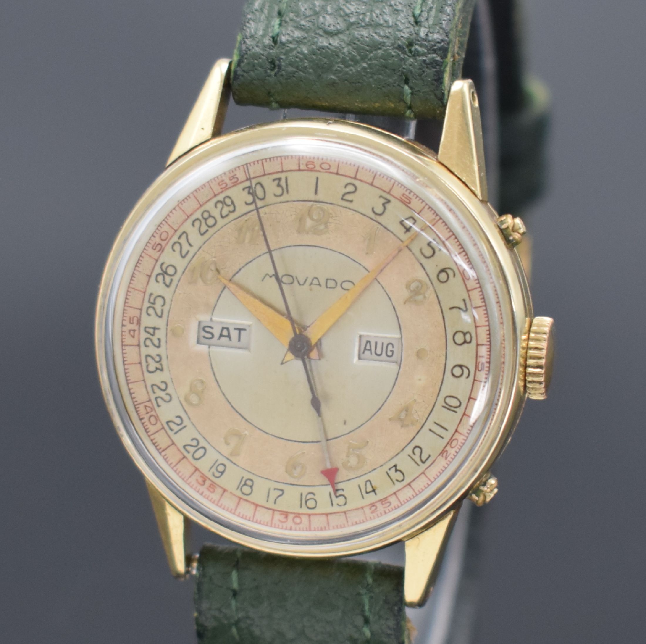 Detail a: MOVADO Triple Calendar Armbanduhr in GG 585/000, Schweiz/USA um 1945, Handaufzug, Ref. 44777, Geh. sign. Wadsworth, Boden & Glasrand aufgedr., ...