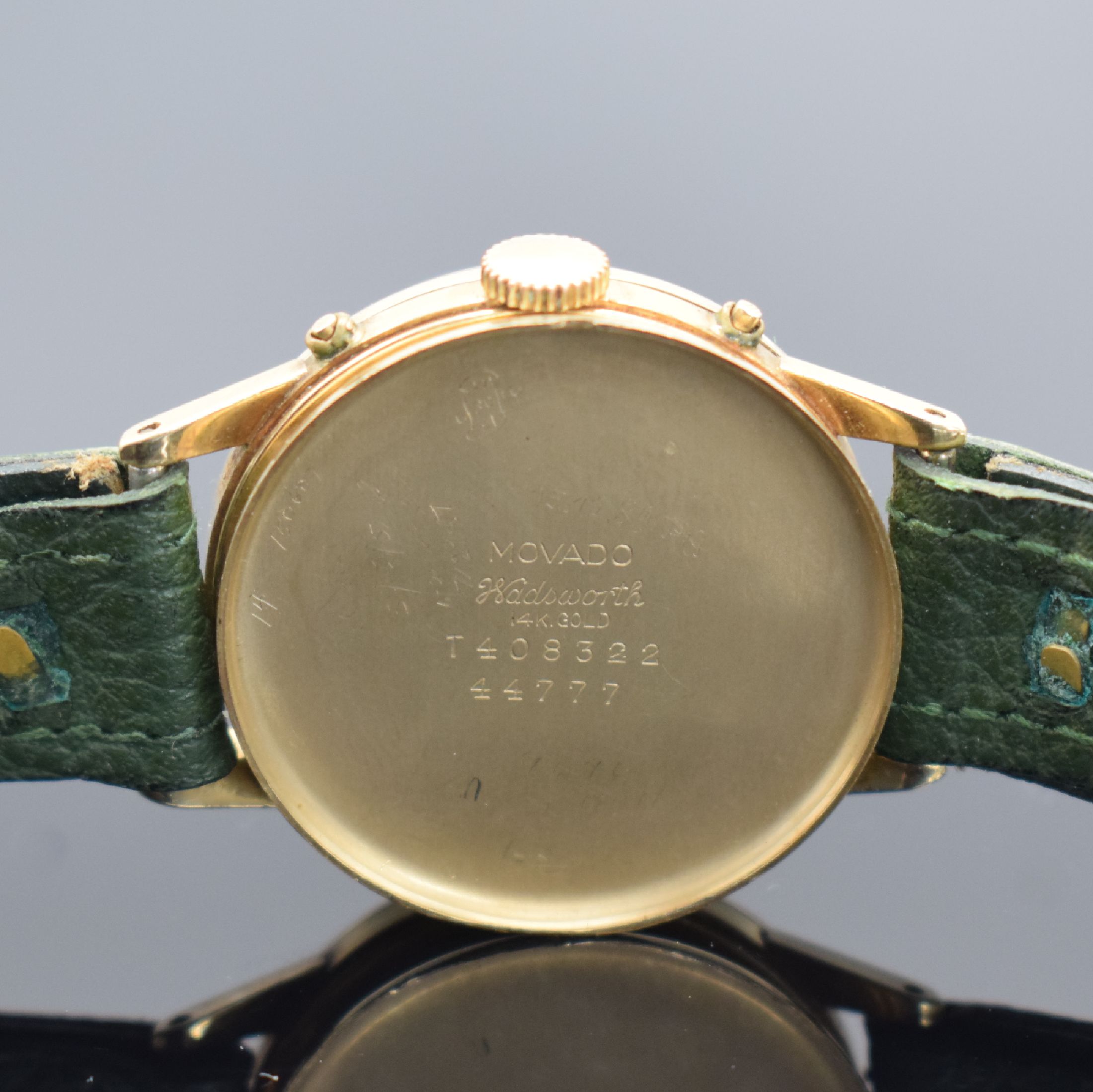 Detail f: MOVADO Triple Calendar Armbanduhr in GG 585/000, Schweiz/USA um 1945, Handaufzug, Ref. 44777, Geh. sign. Wadsworth, Boden & Glasrand aufgedr., ...