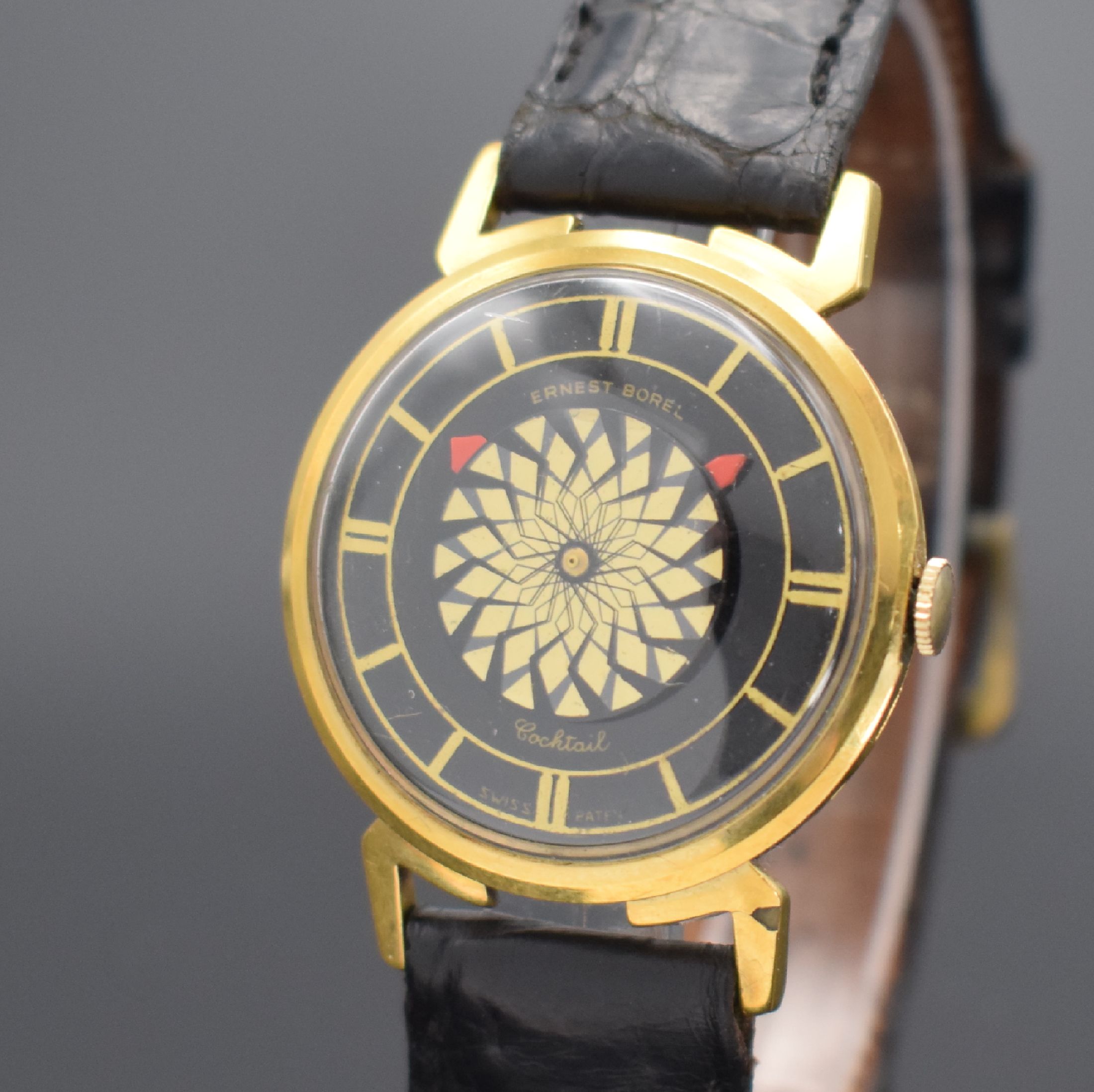 Detail a: ERNEST BOREL vergoldete Armbanduhr sogenannte Cocktail Watch, Schweiz um 1965, Handaufzug, beids. vergl., Boden gedr., ausgef. Zifferbl. m. ...