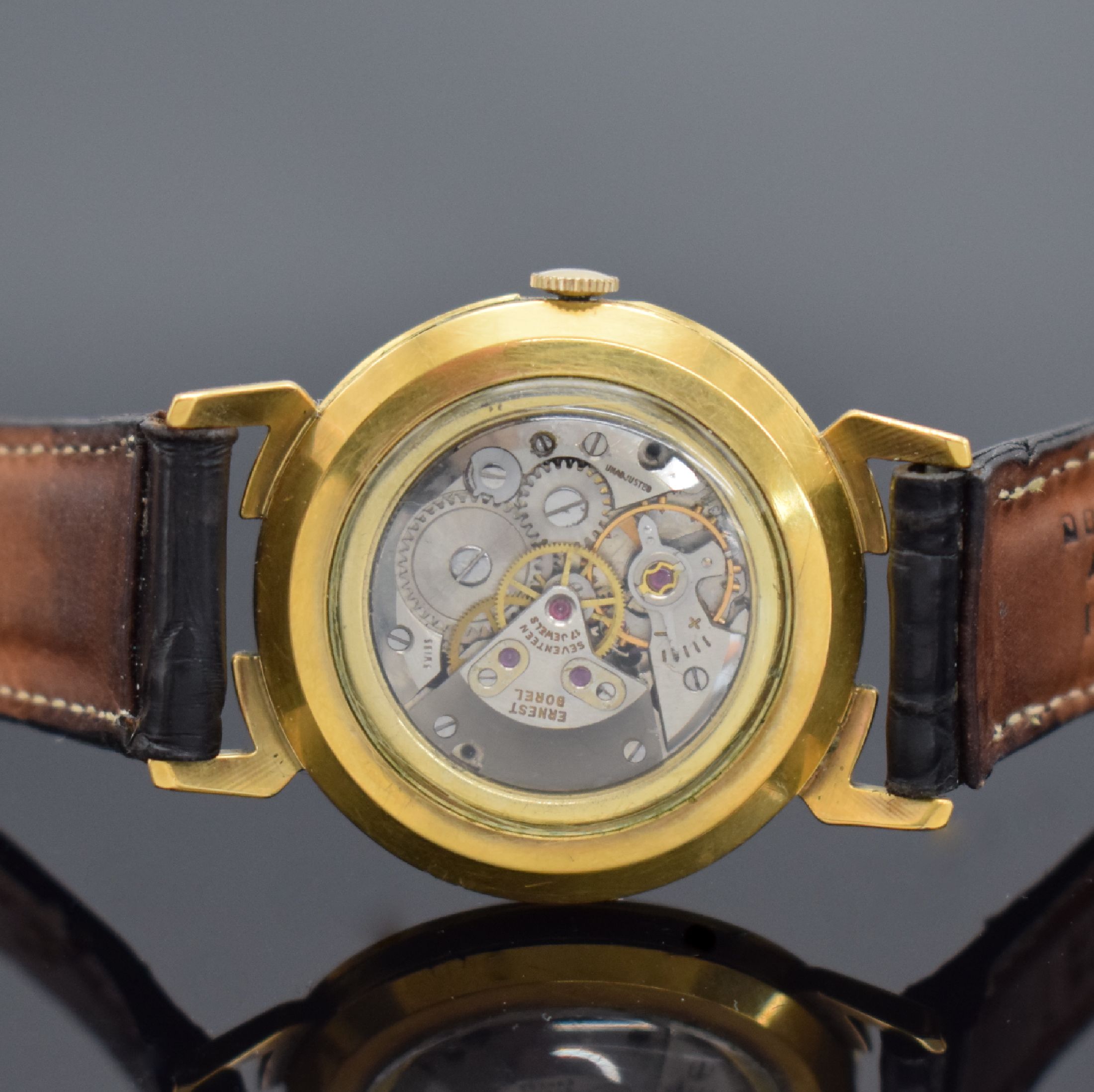 Detail d: ERNEST BOREL vergoldete Armbanduhr sogenannte Cocktail Watch, Schweiz um 1965, Handaufzug, beids. vergl., Boden gedr., ausgef. Zifferbl. m. ...